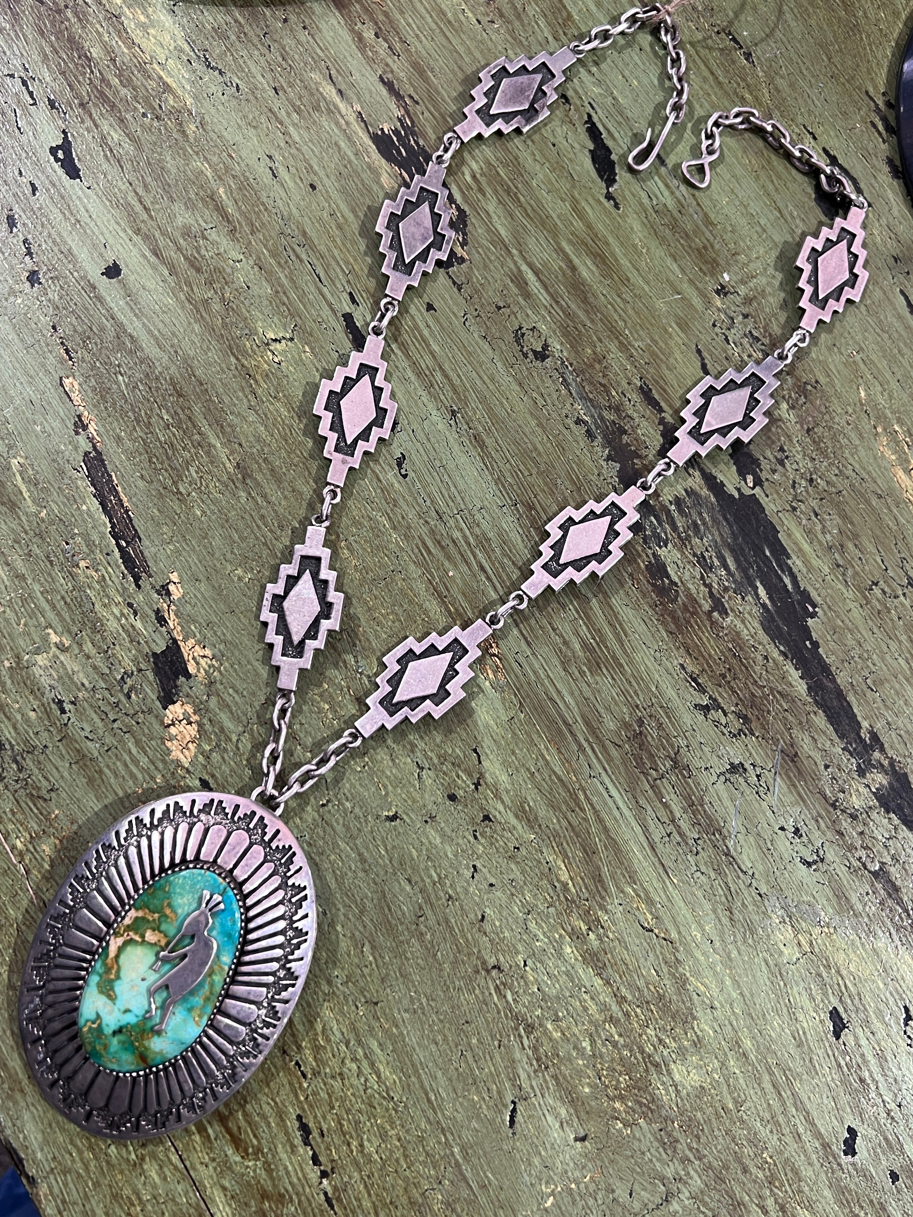 Vintage Handcrafted Sterling Silver and Royston Turquoise Kokopelli Necklace by Tommy Jackson