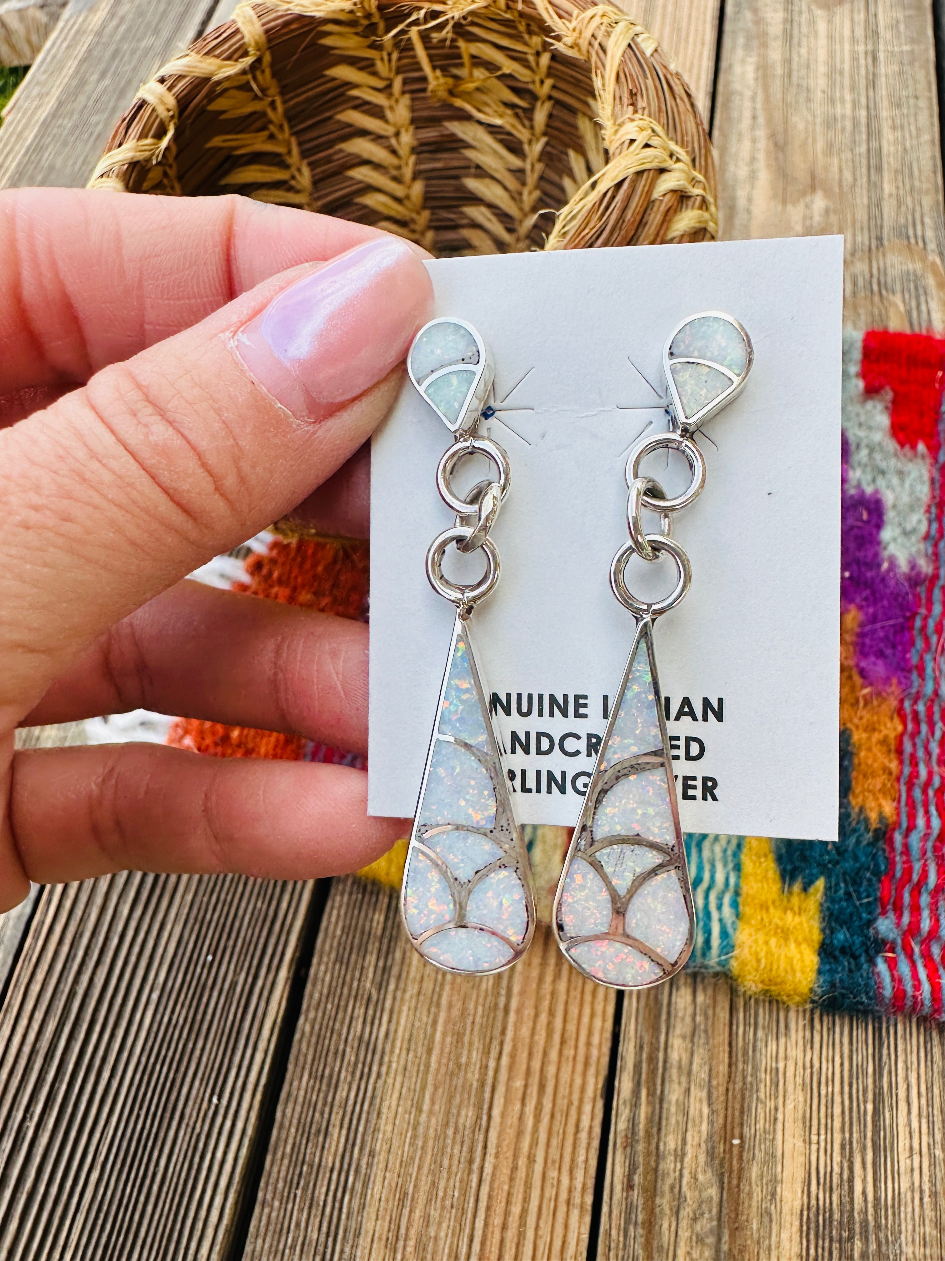 Handcrafted Opal & Sterling Silver Inlay Teardrop Dangle Earrings