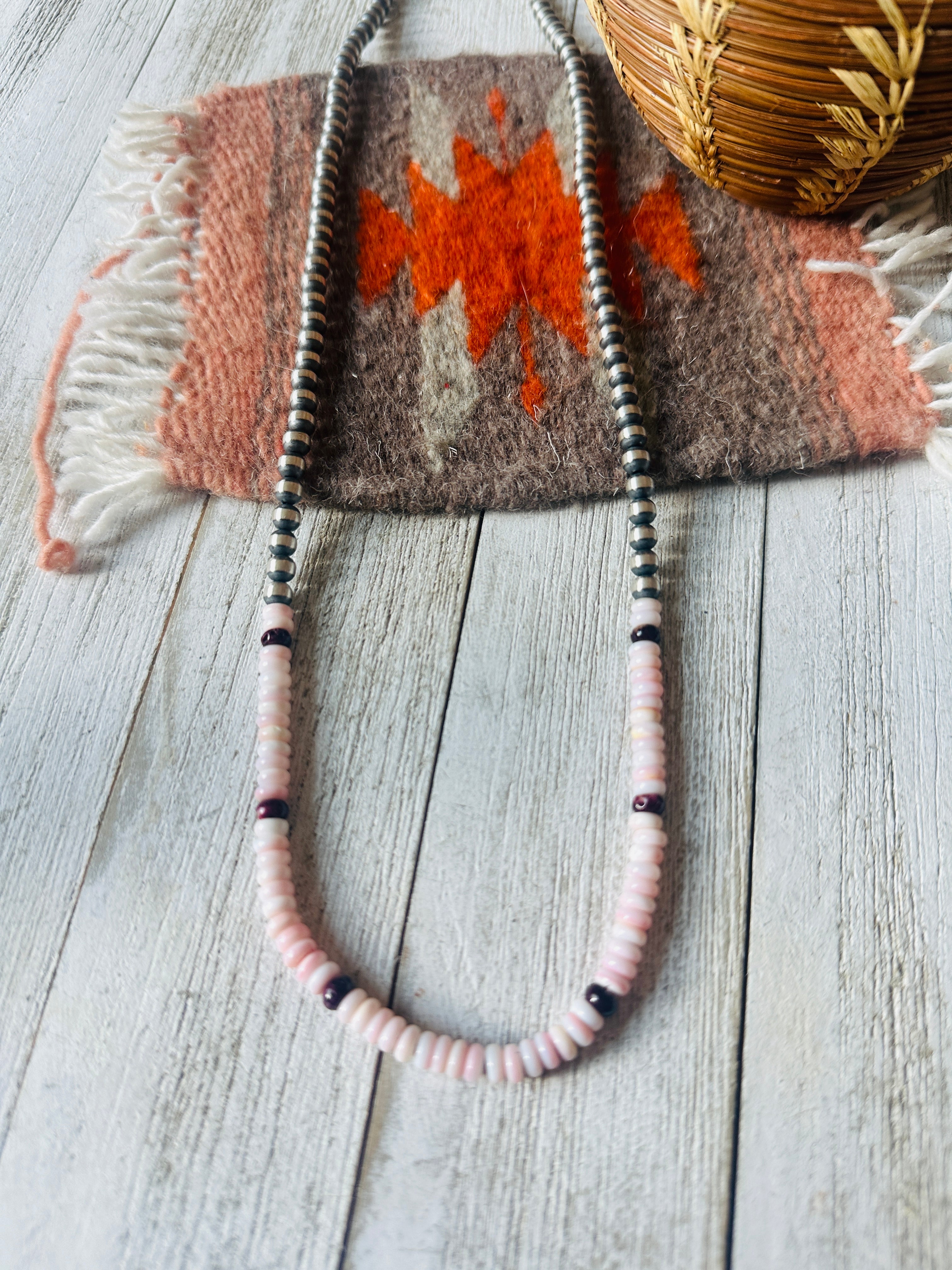 Handcrafted Sterling Silver Pearl, Queen Pink Conch & Spiny Beaded 24” Necklace