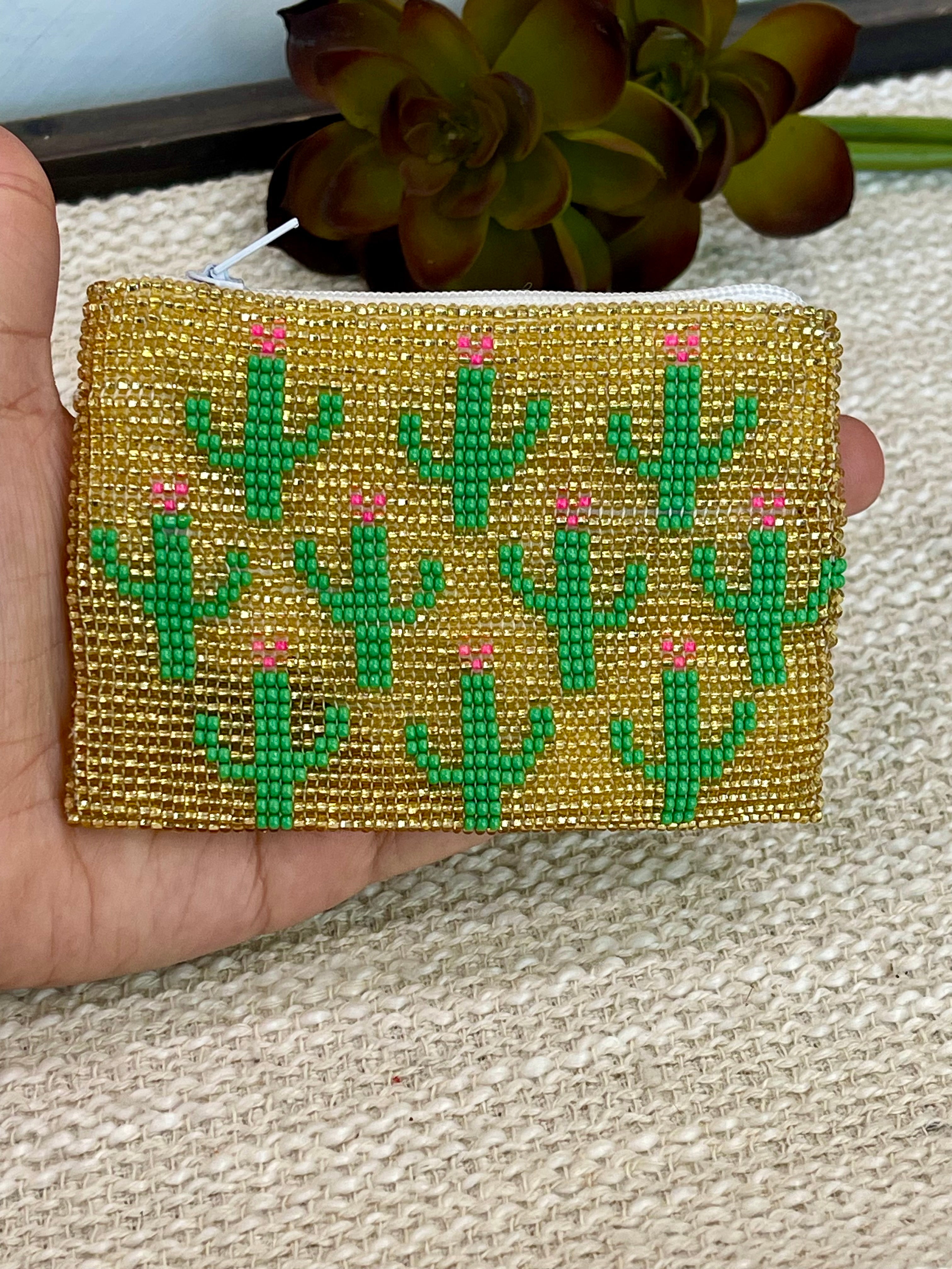 Handmade Beaded Saguaro Cactus Coin Purse Gold