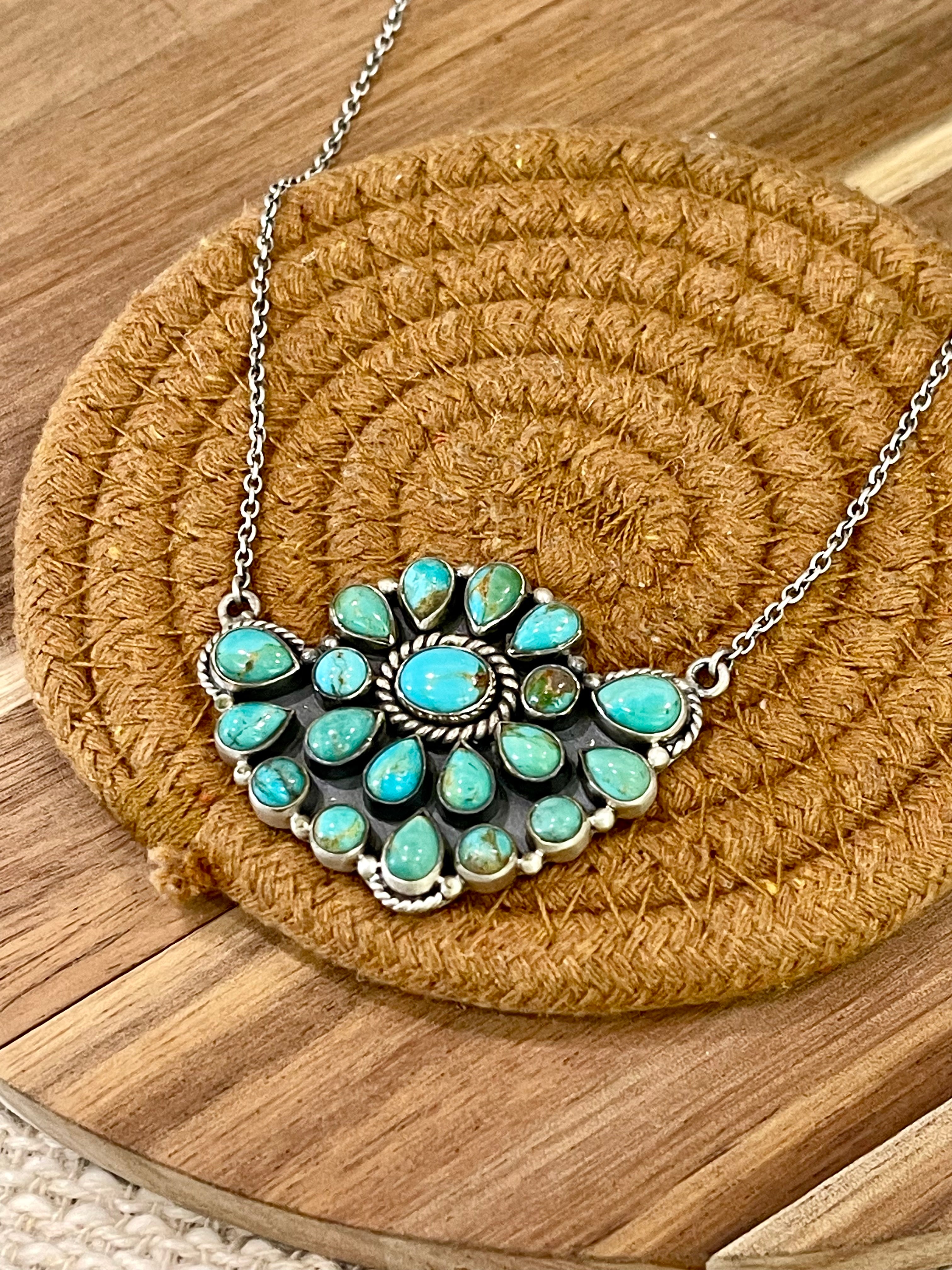 Gorgeous Handmade Sterling Silver & Turquoise Cluster Necklace
