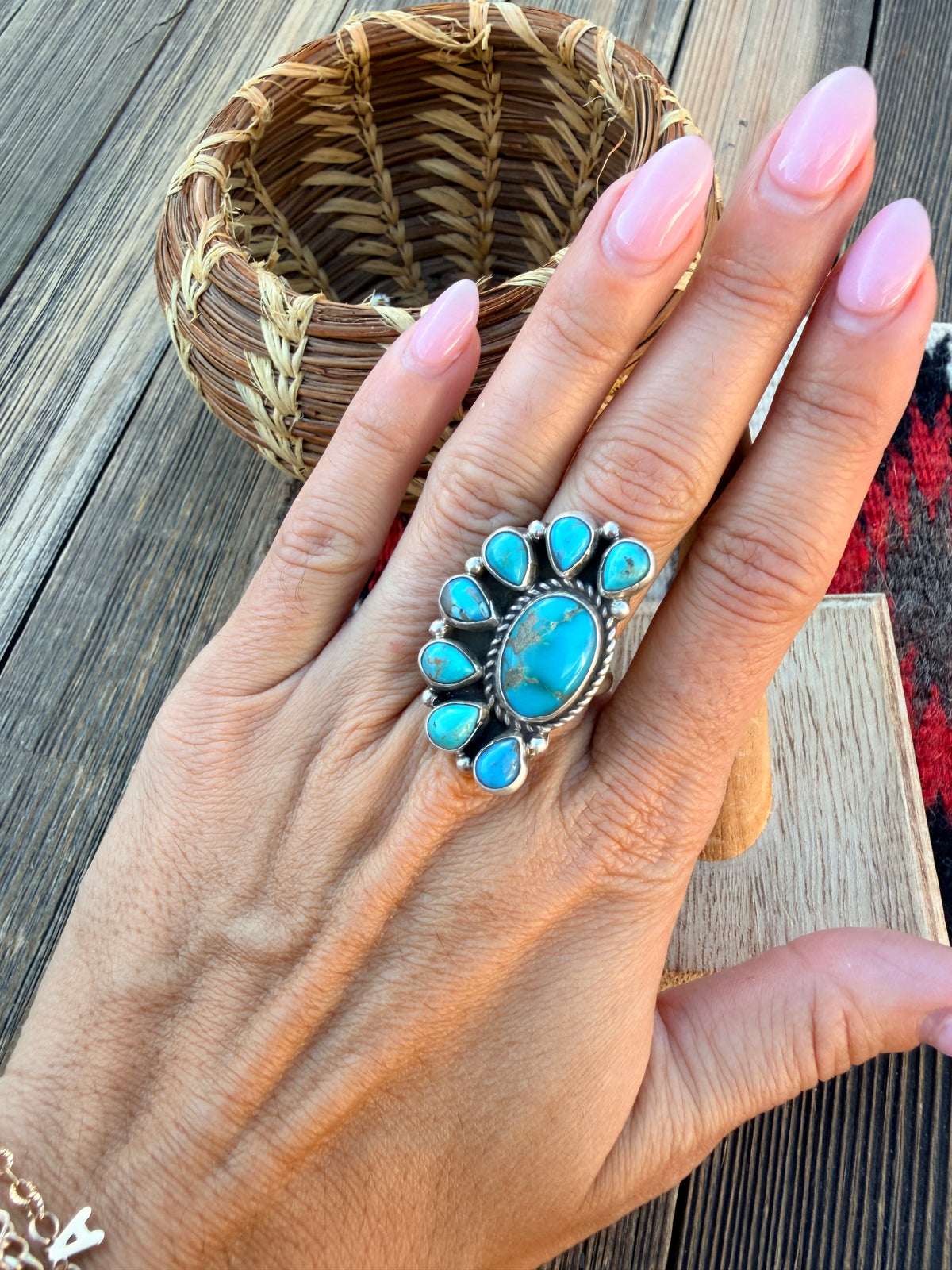 Handcrafted Turquoise & Sterling Silver Cluster Adjustable Ring by Geraldine James