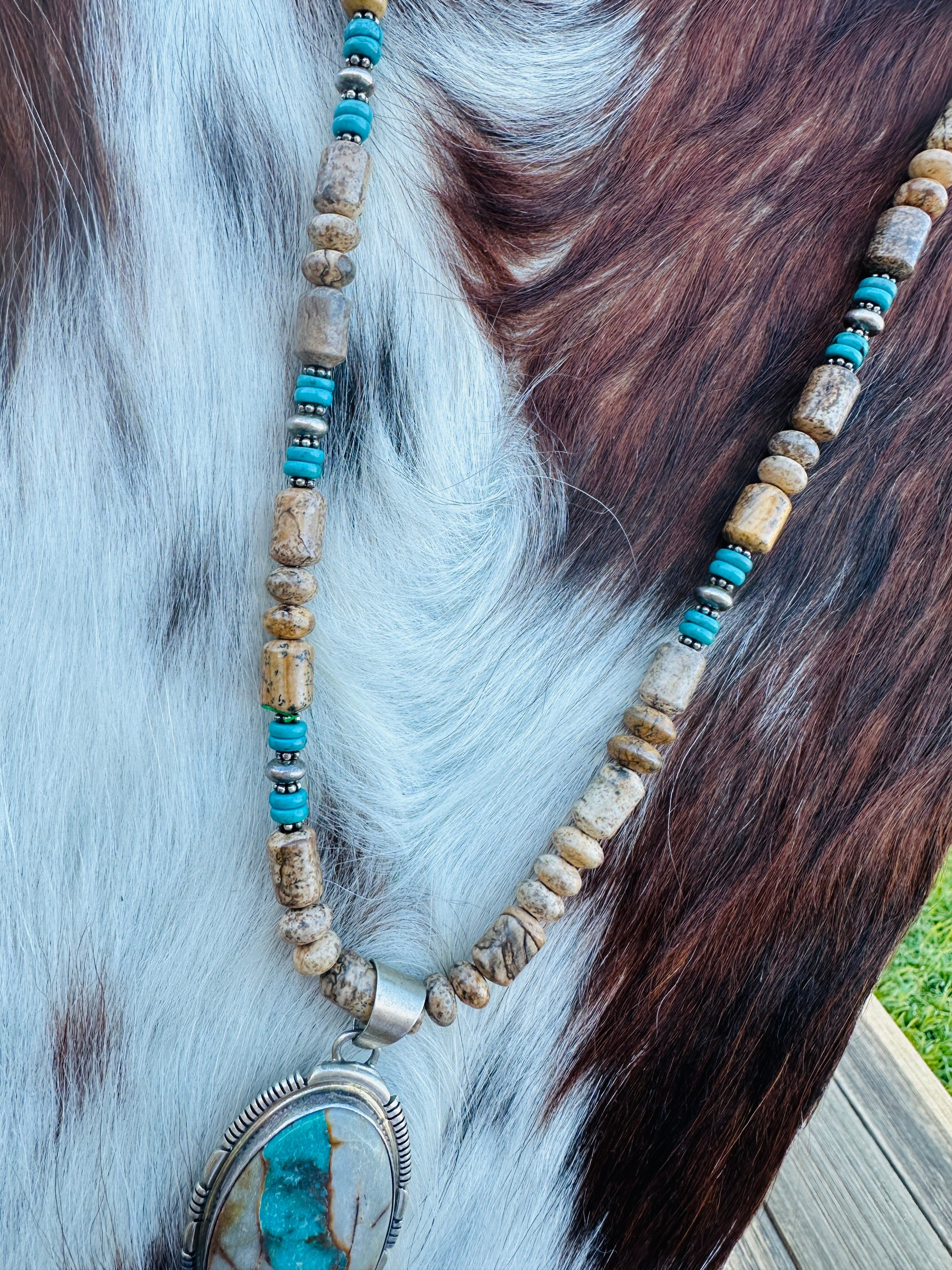 Old Pawn Handcrafted Turquoise, Jasper & Sterling Silver Beaded 16” Necklace