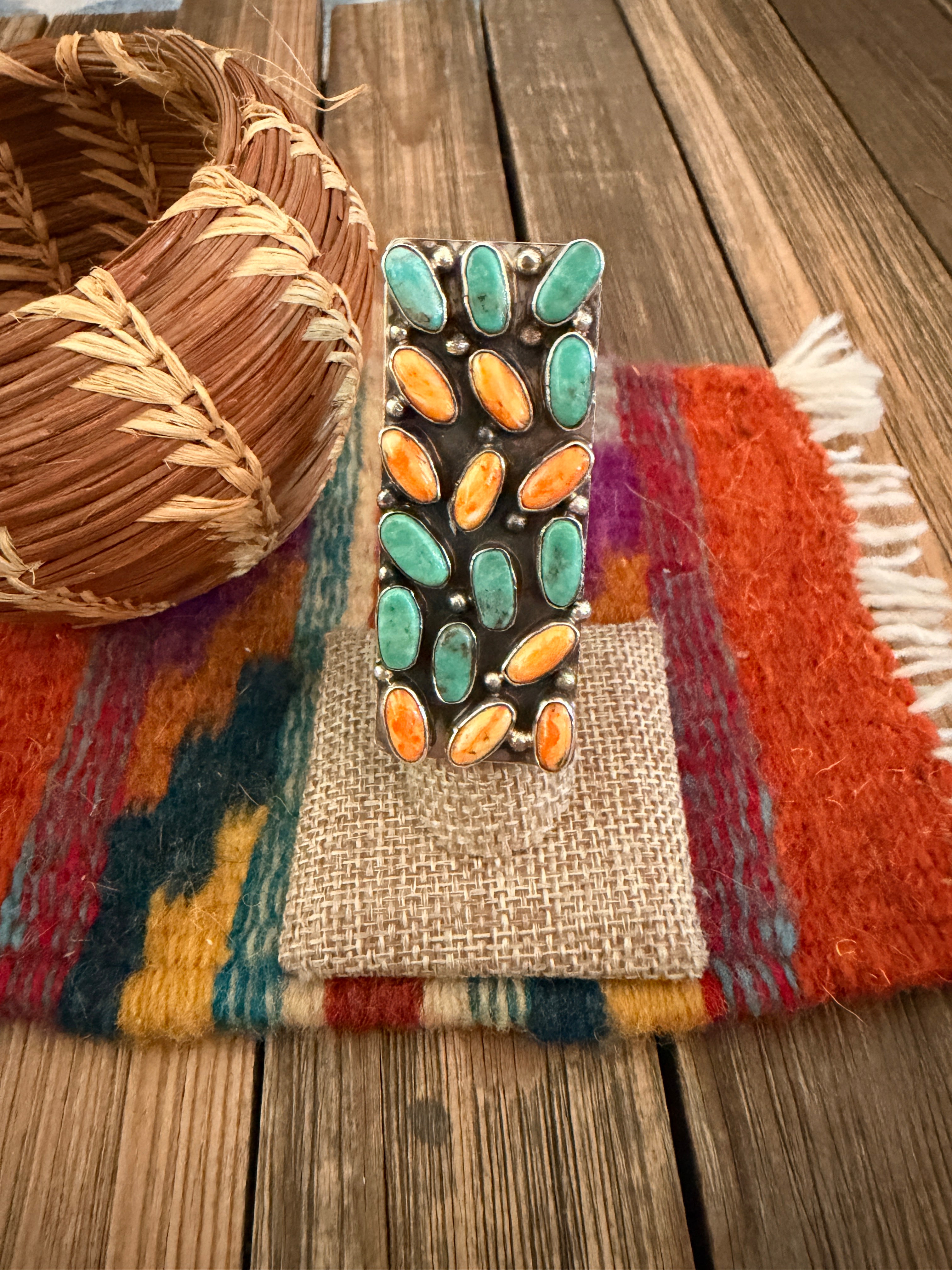 Handcrafted Turquoise, Spiny Oyster & Sterling Silver Cluster Adjustable Ring by Jacqueline Silver