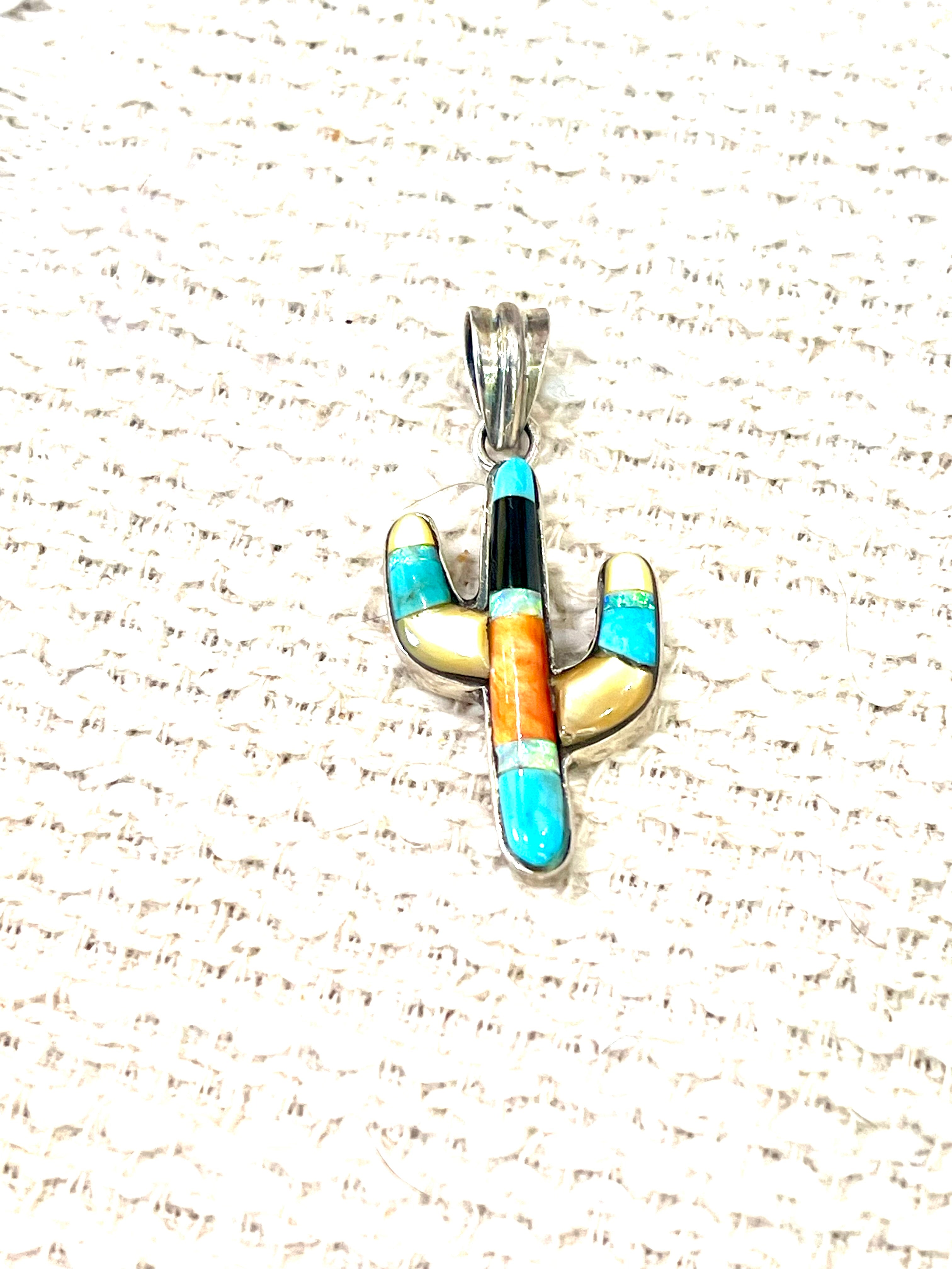 Handmade Sterling Silver & Multi Stone Cactus Pendant