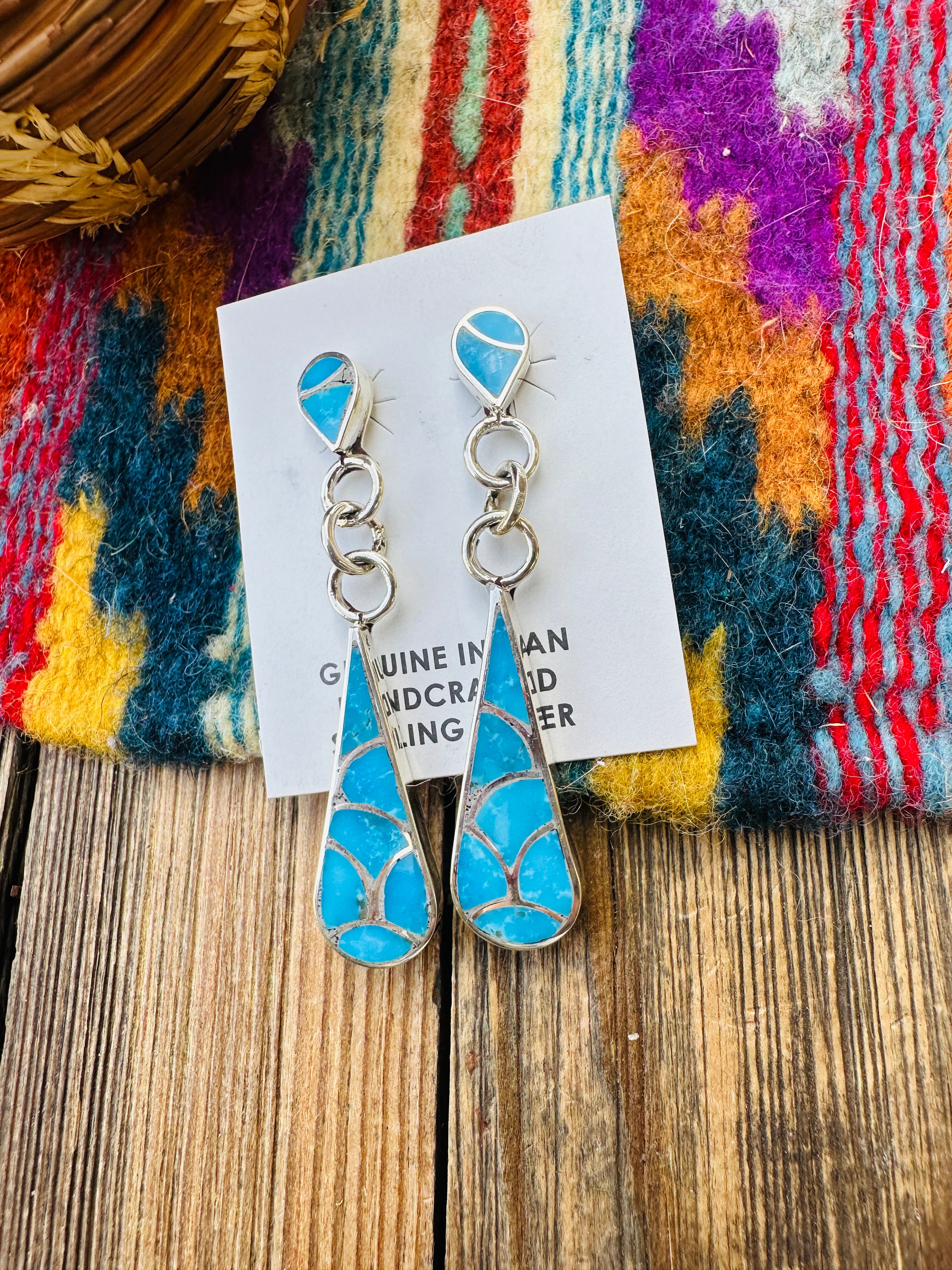 Handcrafted Turquoise & Sterling Silver Inlay Teardrop Dangle Earrings