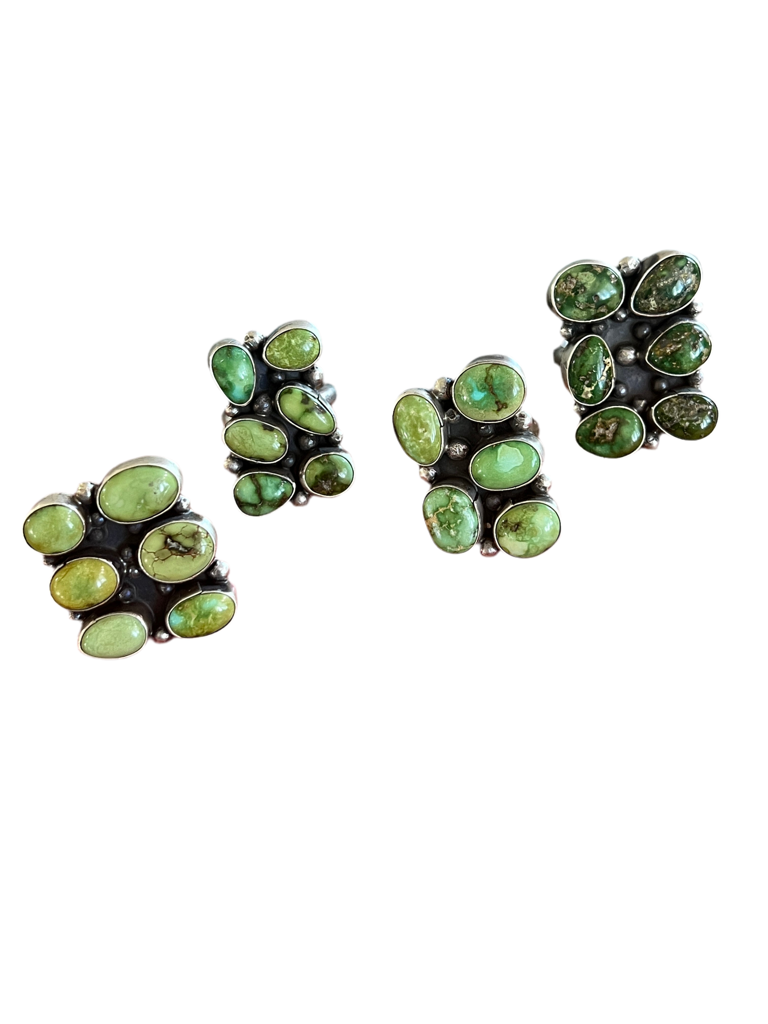 Handcrafted Sterling Silver and Sonoran Gold Turquoise Cluster Rings by Travis Jim, Size 8