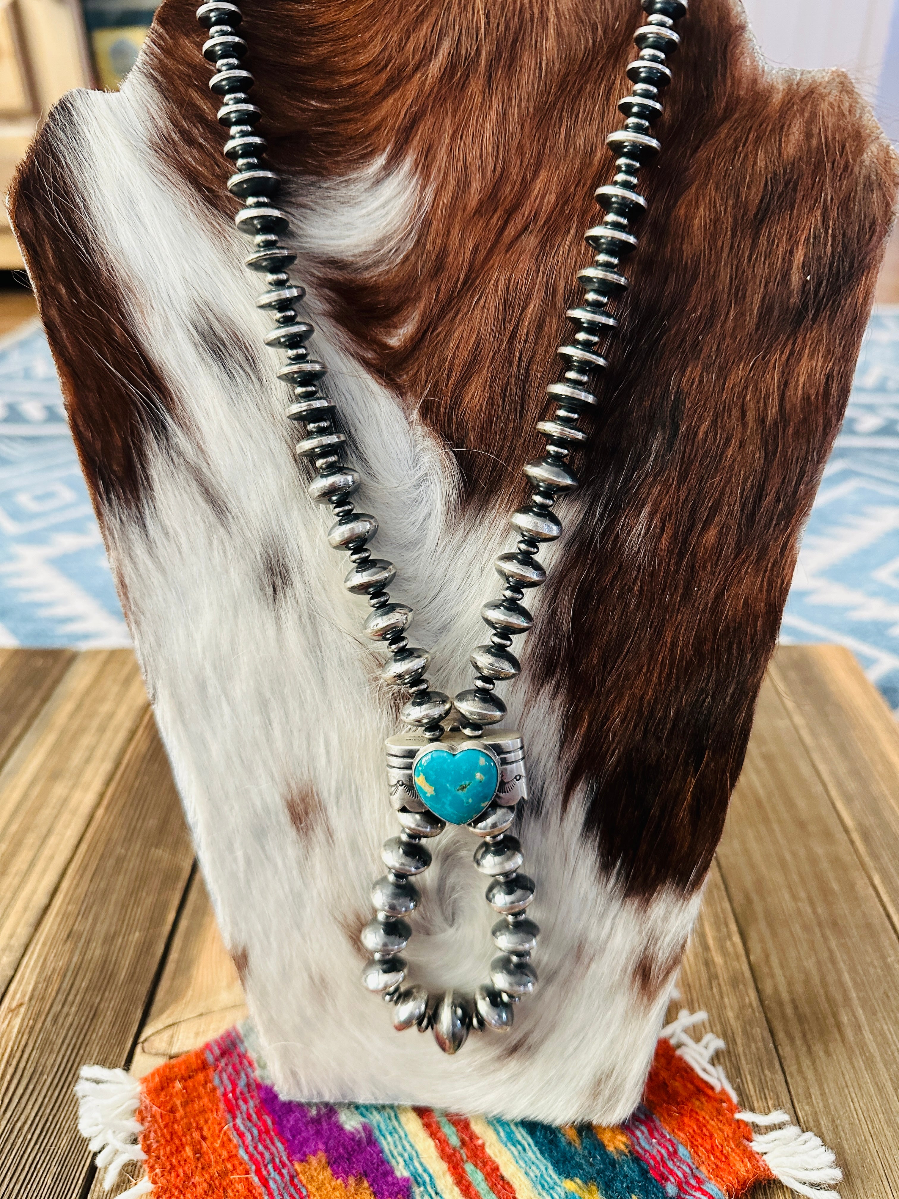 Handcrafted Turquoise & Sterling Silver Beaded Double Sided Jacla Necklace