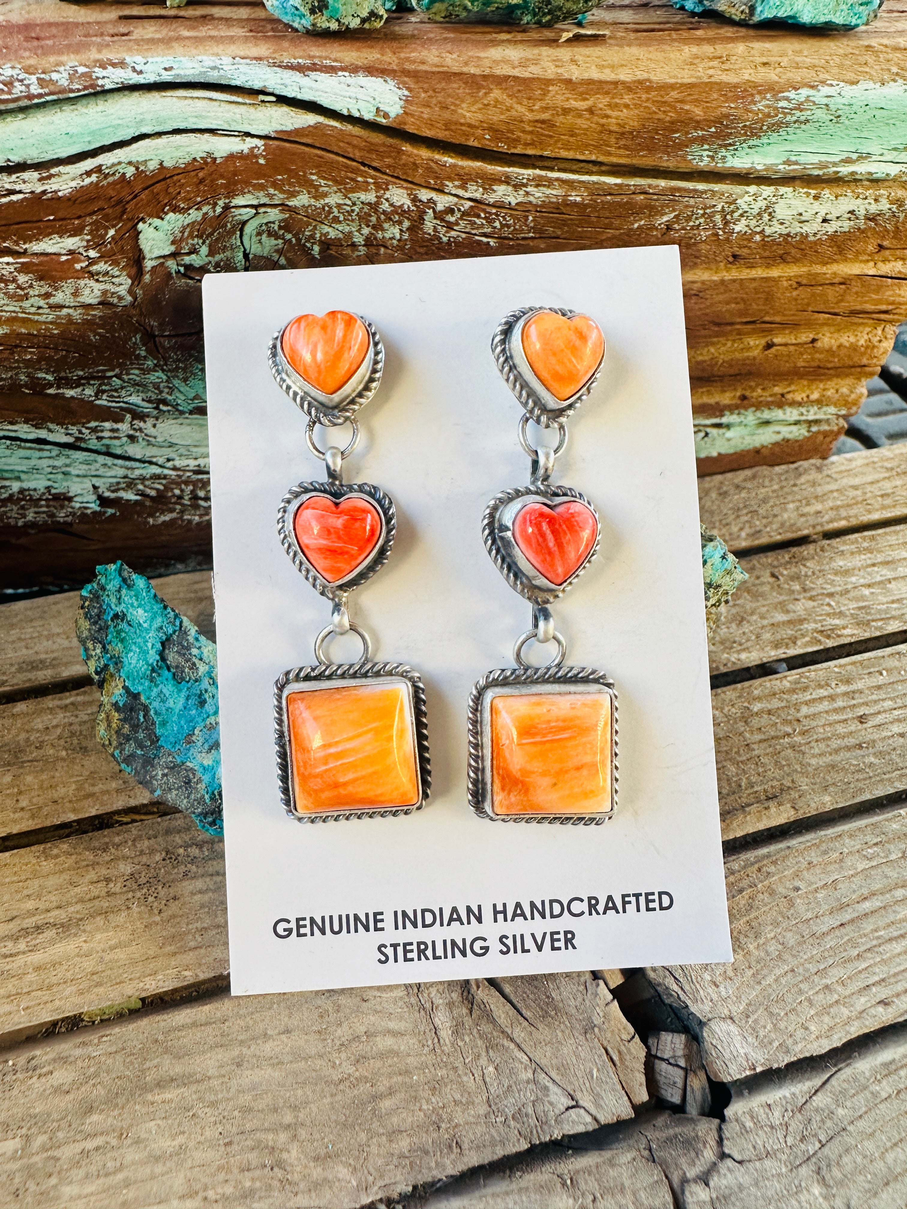 Handcrafted Spiny Oyster & Sterling Silver Heart Dangle Earrings by Vicky Hicks