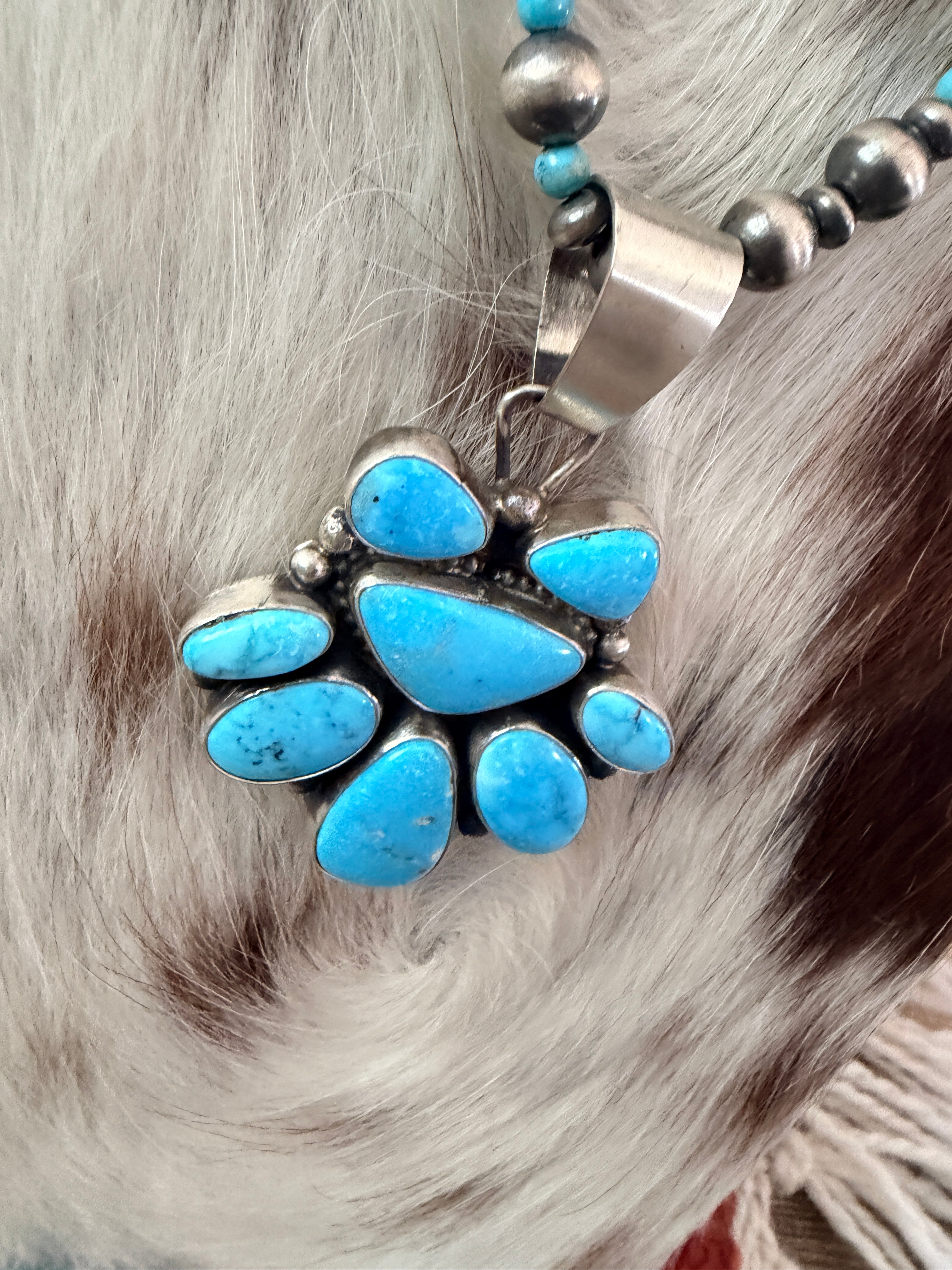 Handcrafted Turquoise & Sterling Silver Cluster Beaded Necklace by Travis Jim