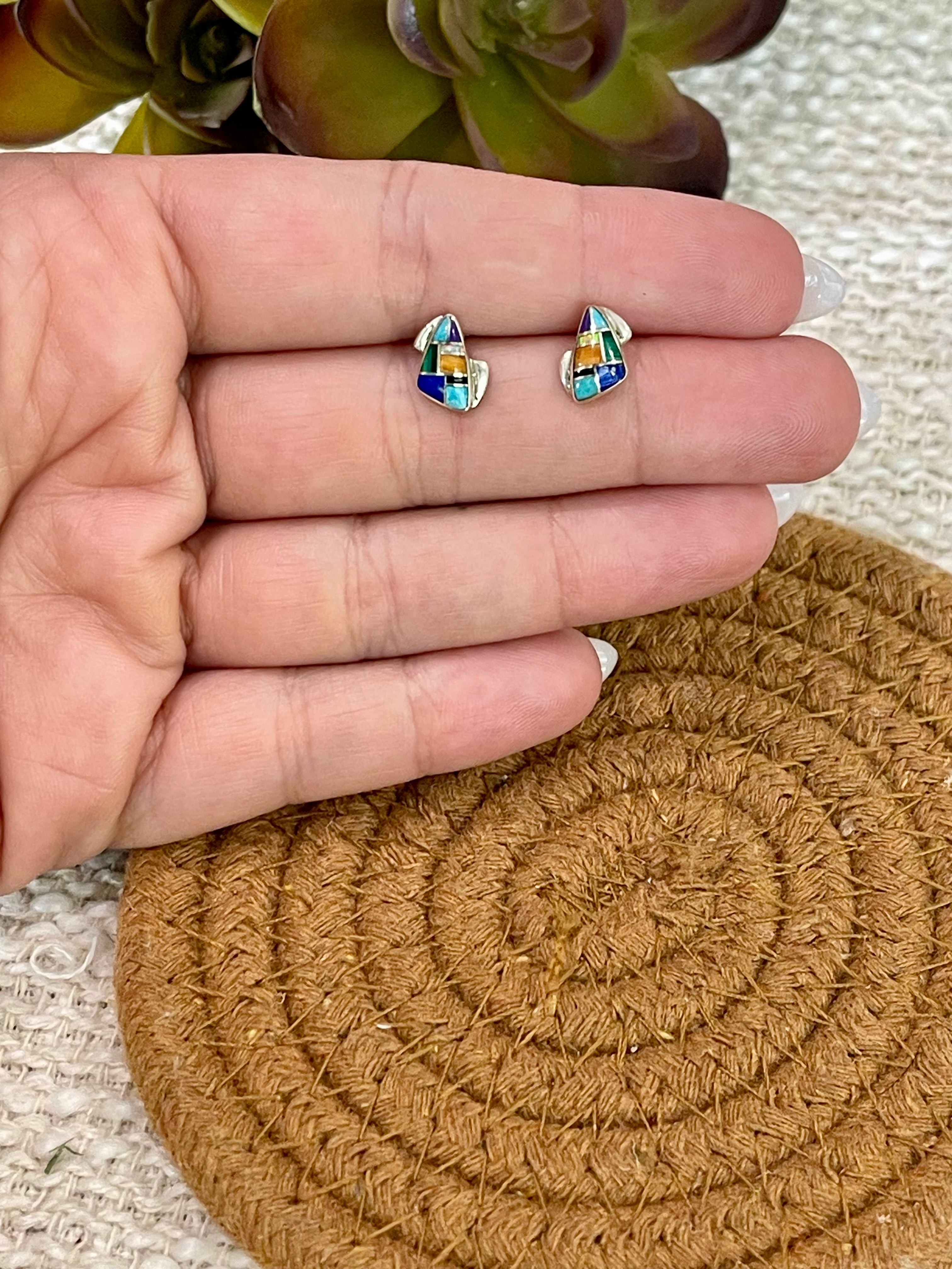 Gorgeous Handmade Sterling Silver & Multi Stone Inlay Stud Earrings