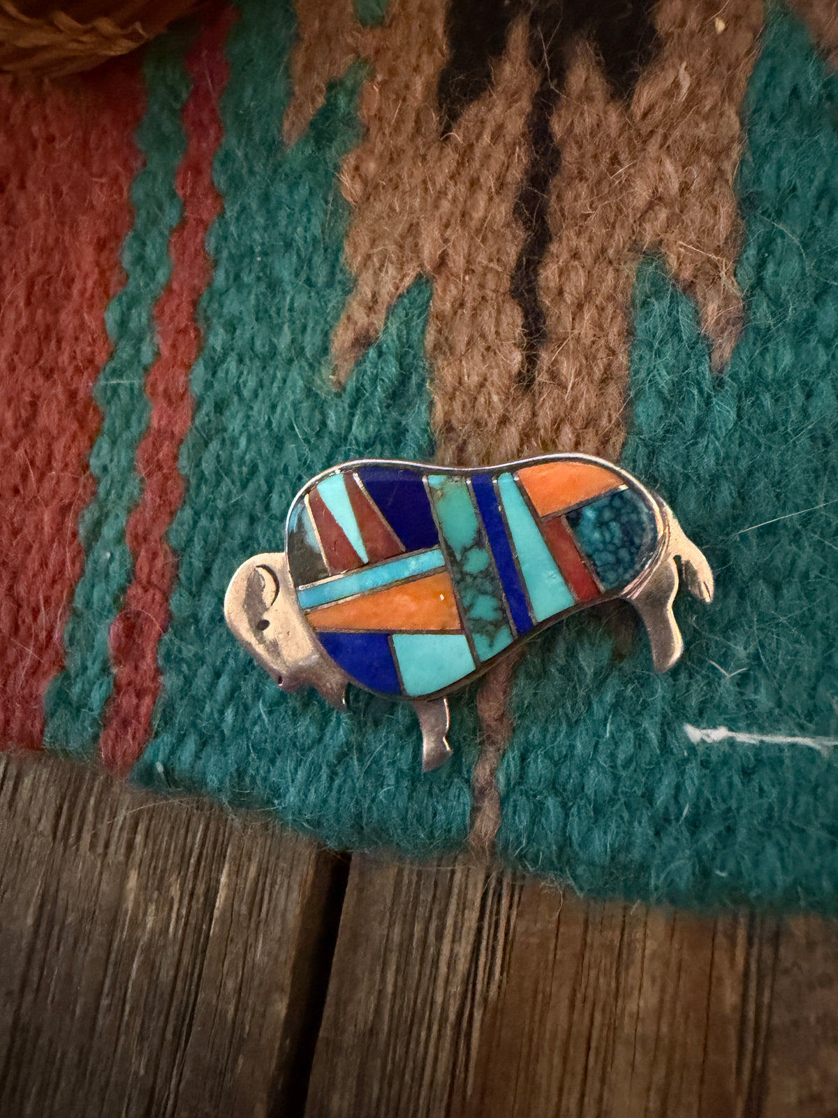 Old Pawn Handcrafted Multi Stone & Sterling Silver Inlay Buffalo Pendant/Brooch