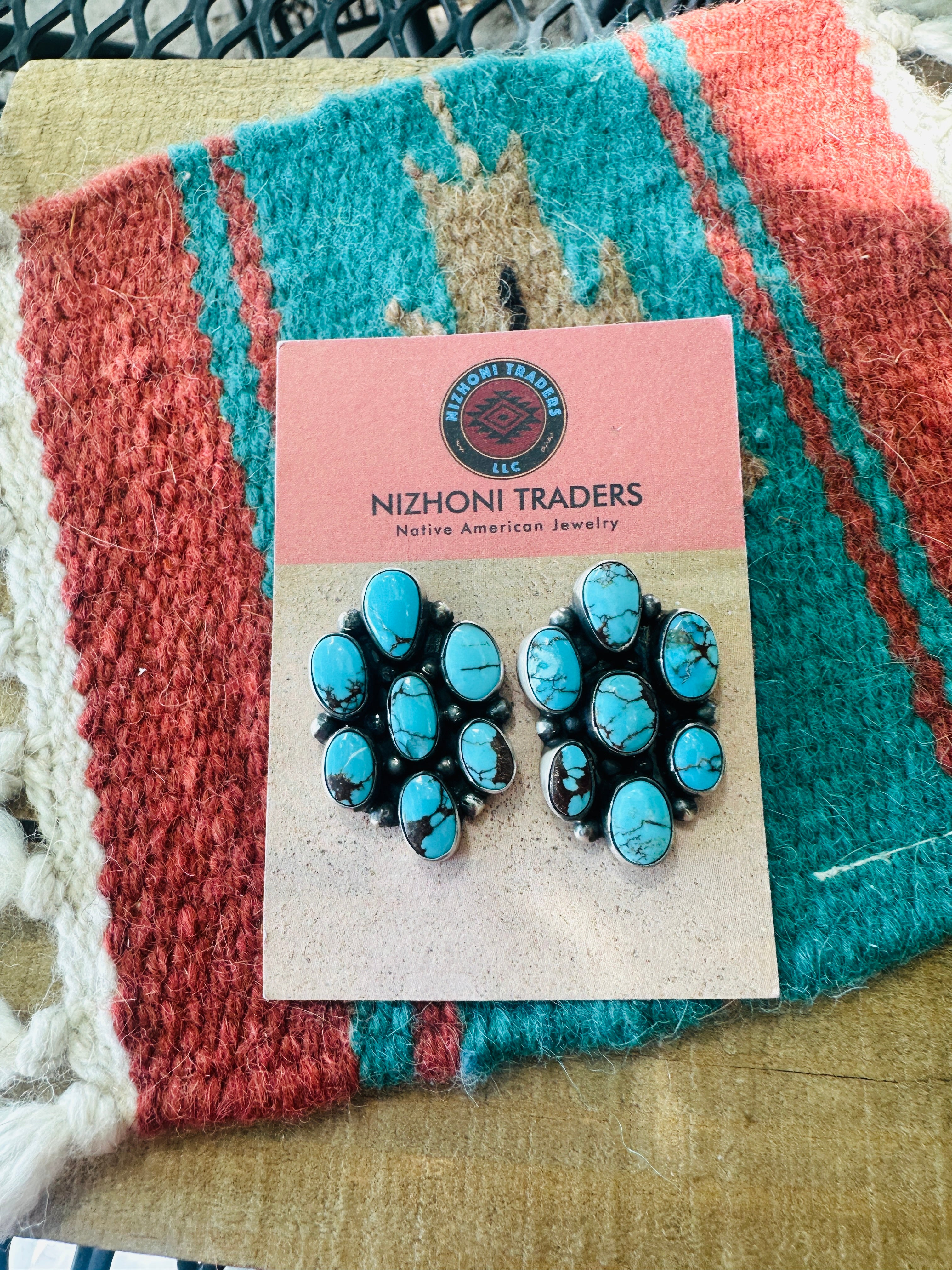 Handcrafted Sterling Silver & Kingman Web Turquoise Cluster Post Earrings