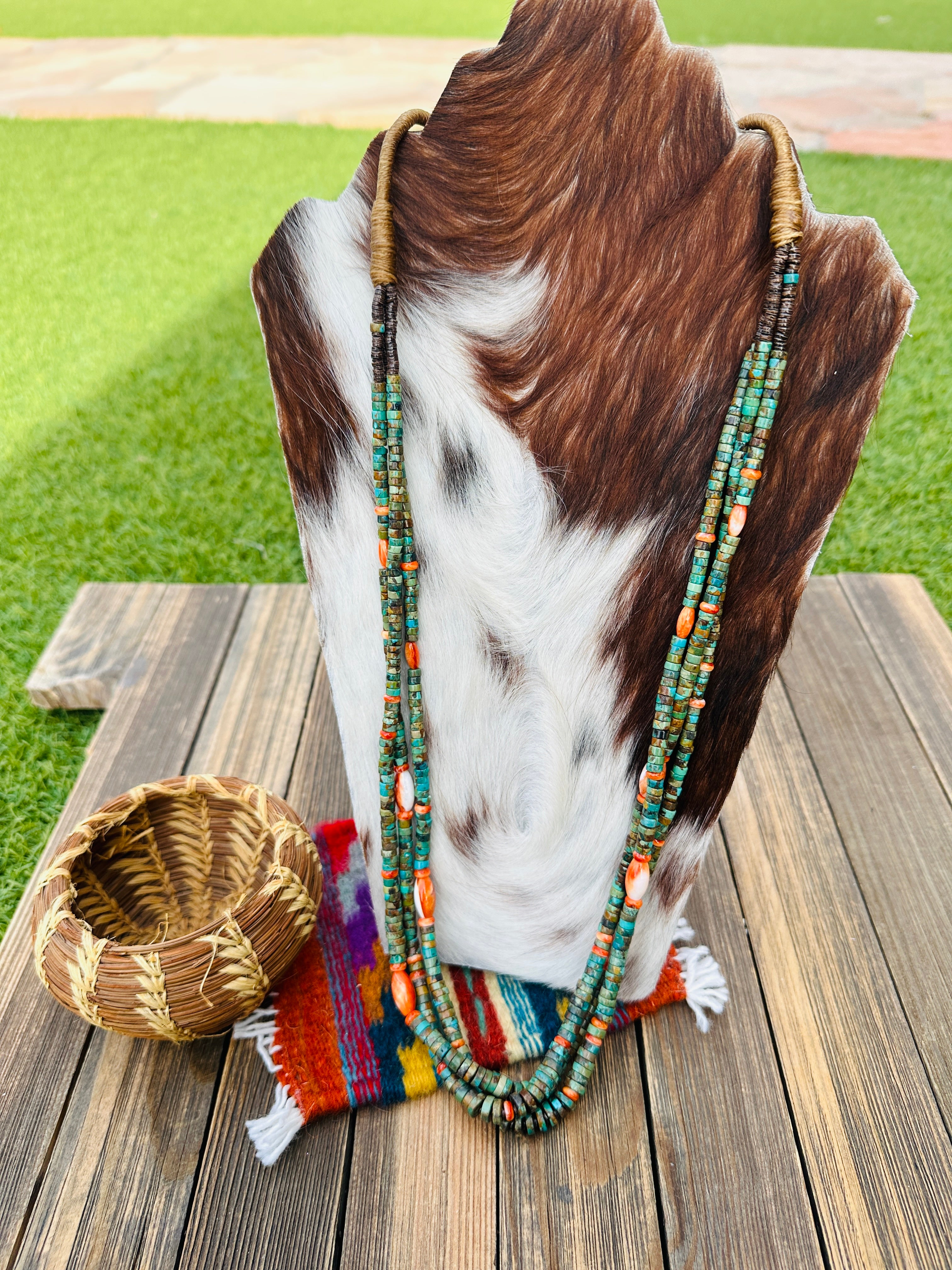 Handcrafted Turquoise, Spiny & Heishi Triple Strand Beaded Necklace