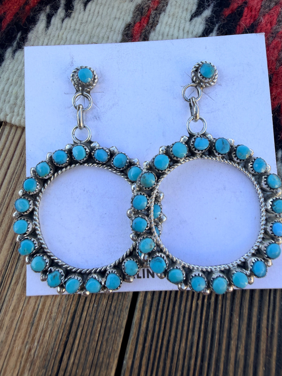 Handcrafted Sterling Silver & Turquoise Petit Point Dangle Hoop Earrings
