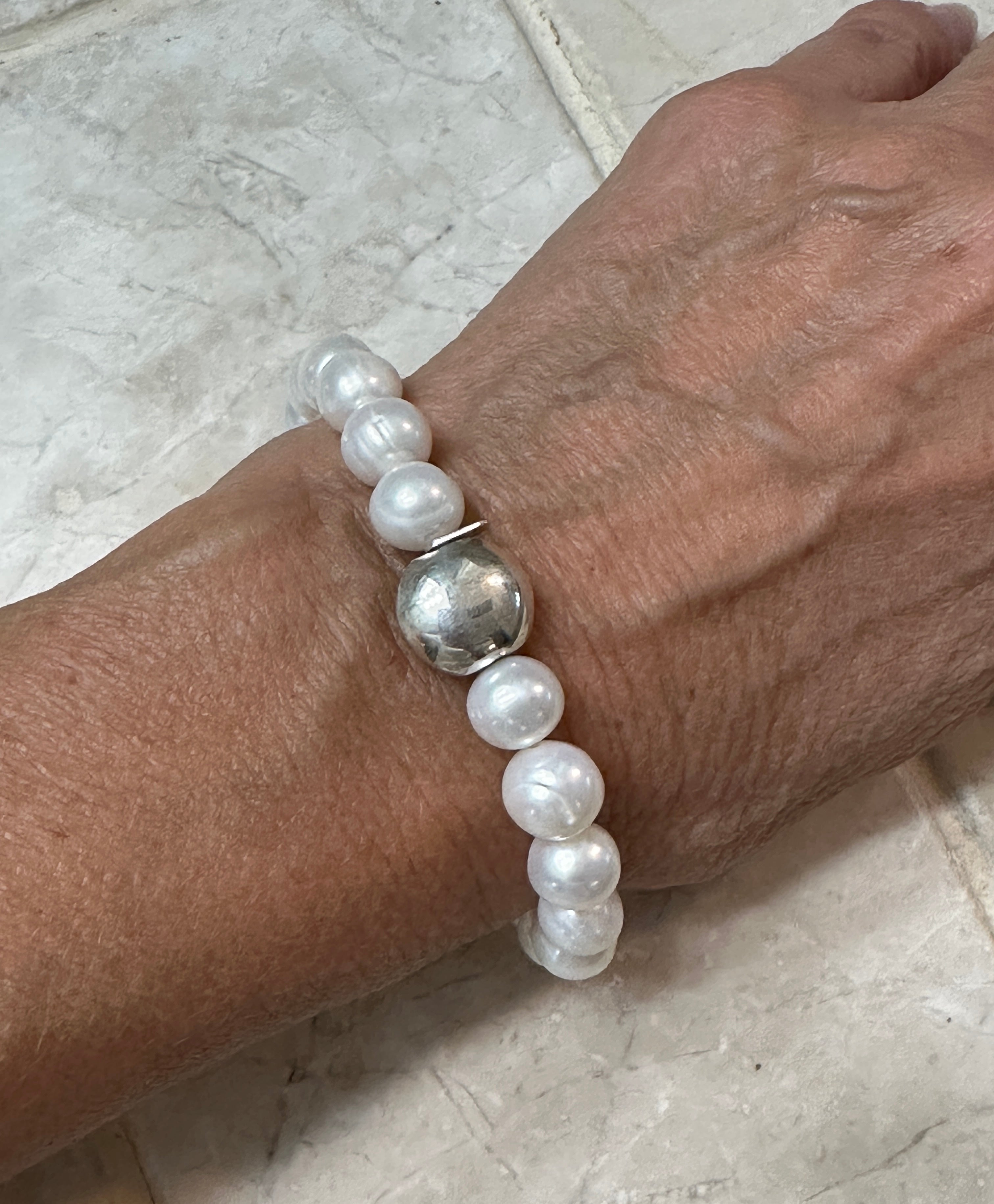 White Pearl Stretch Bracelet with Sterling Silver Disc