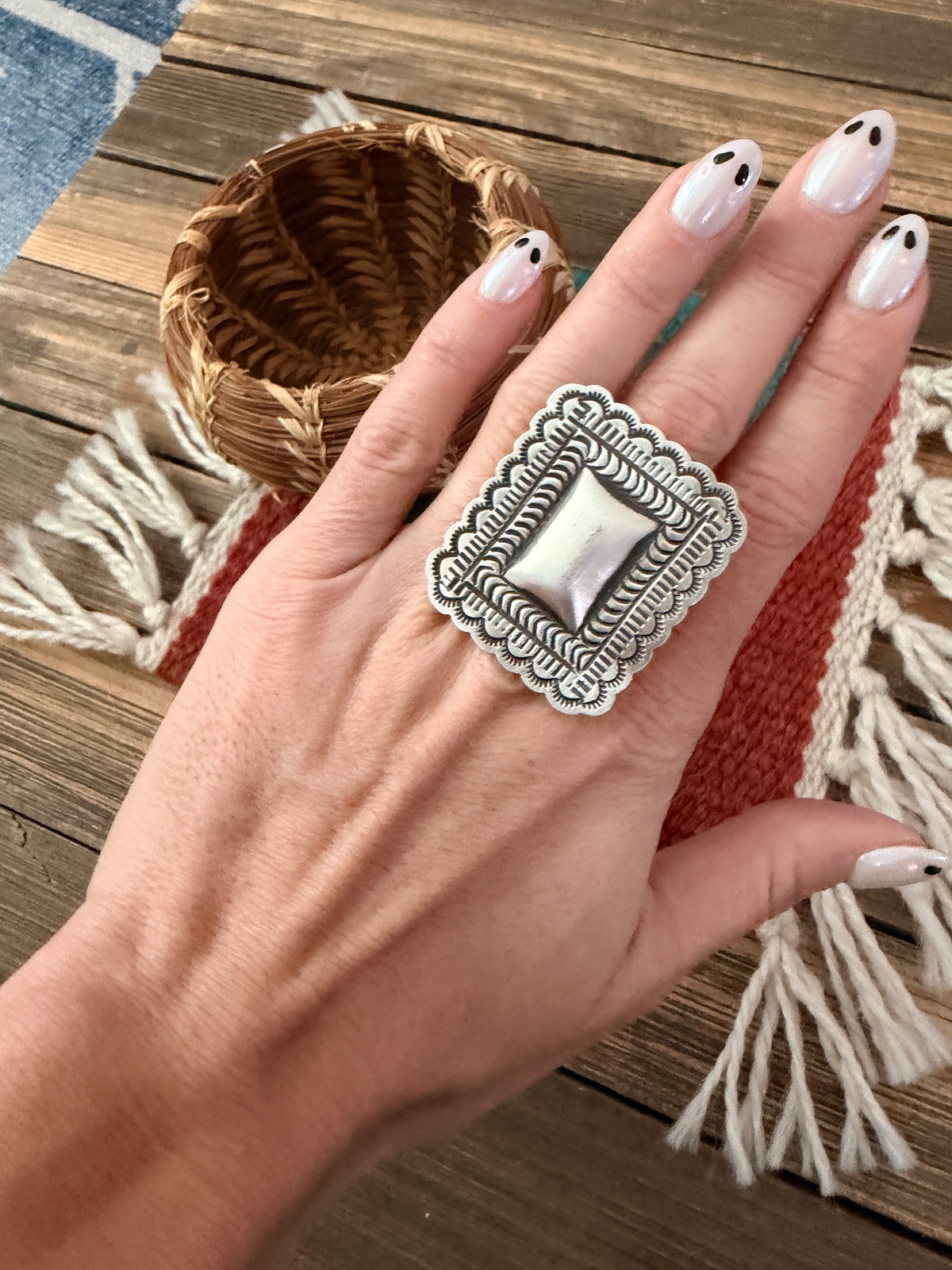 Handcrafted Sterling Silver Adjustable Concho Ring by Leander Tahe
