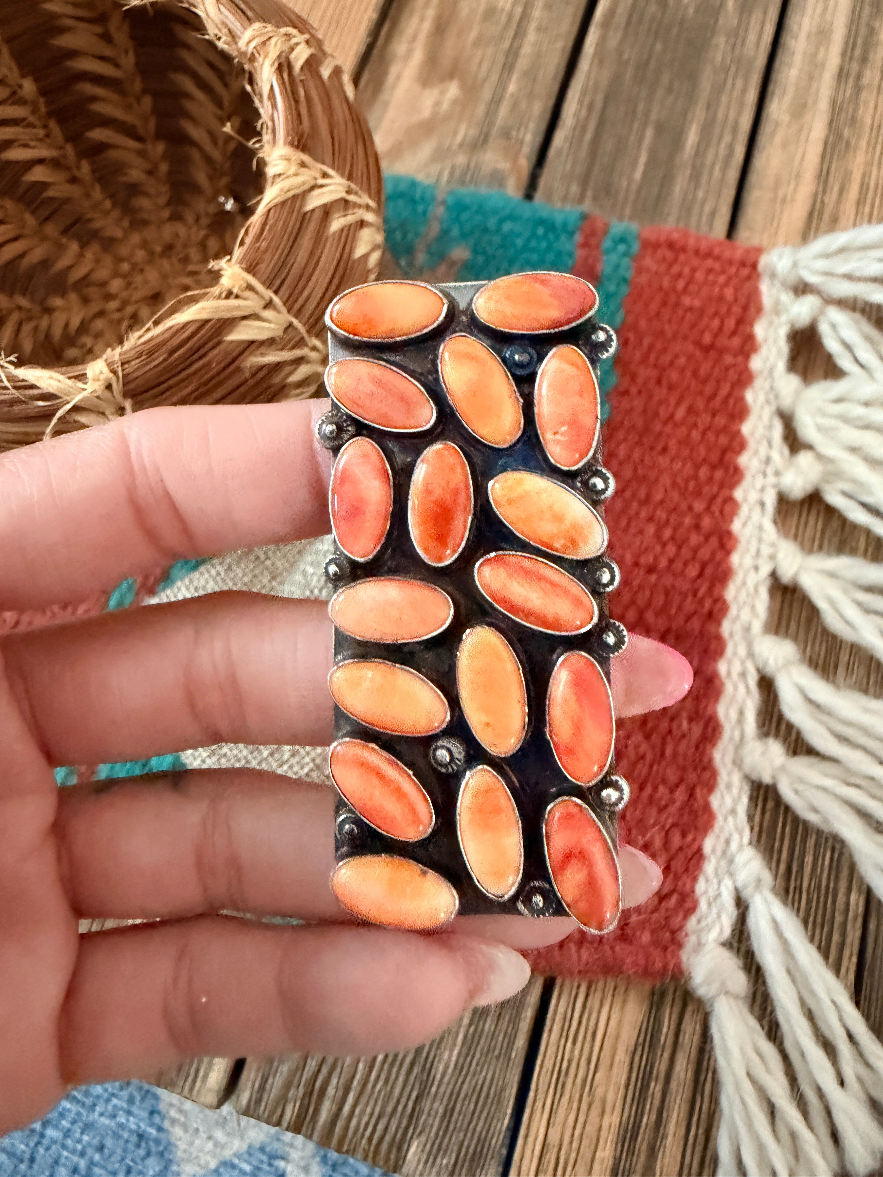 Handcrafted Orange Spiny Oyster & Sterling Silver Cluster Adjustable Ring by Jacqueline Silver