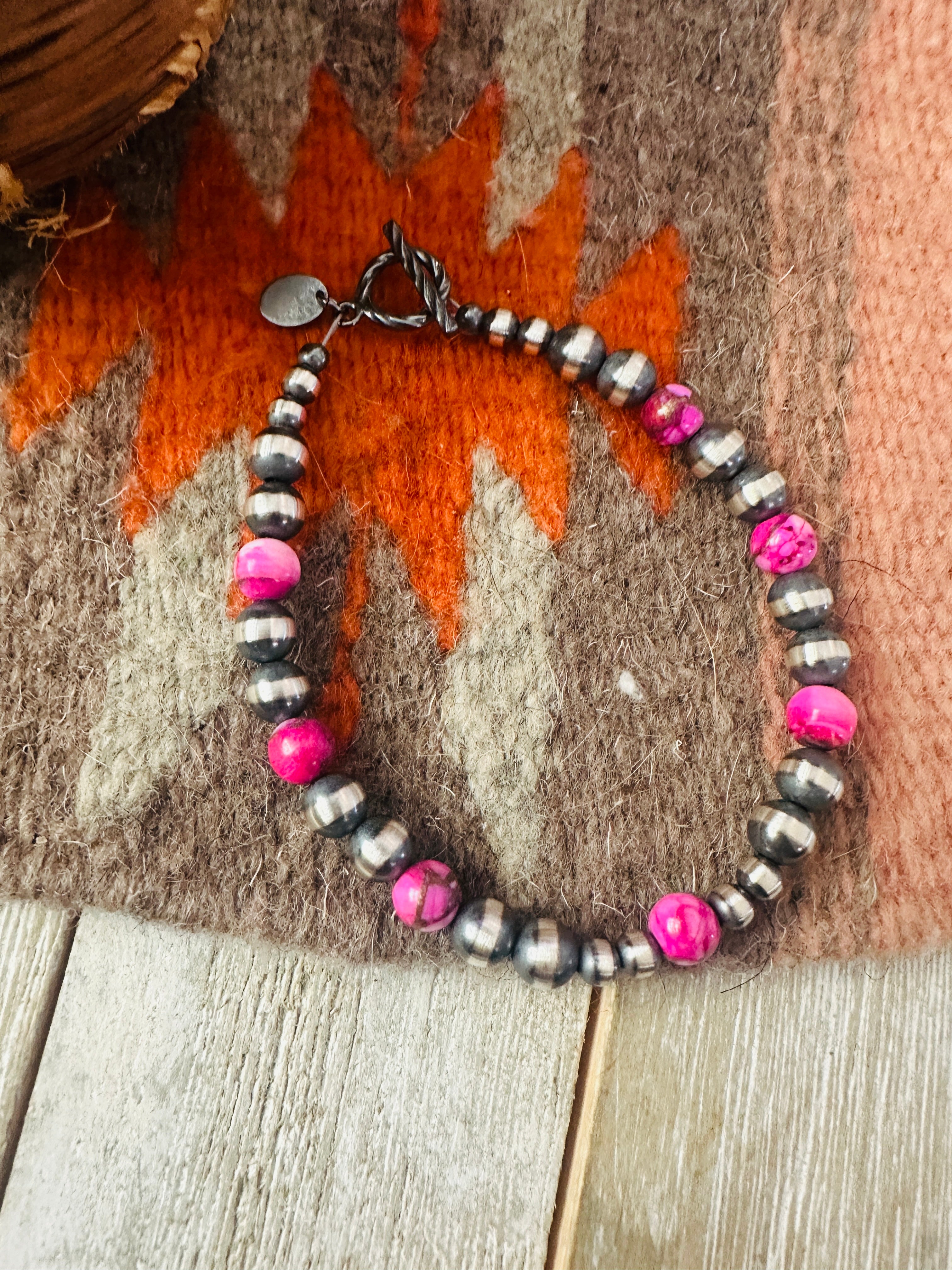 Handcrafted Pink Mojave and Sterling Silver Pearl Beaded Bracelet