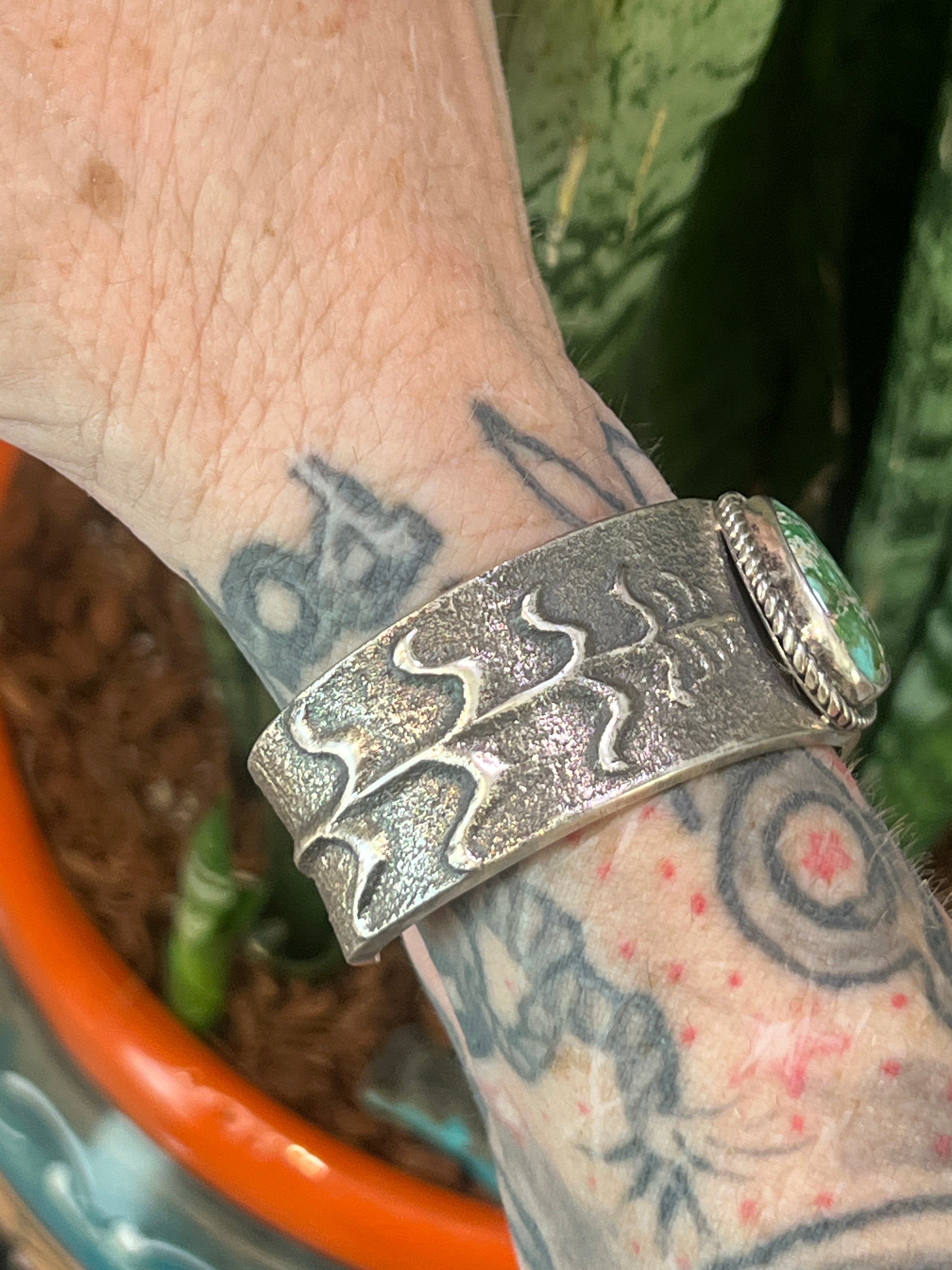 Handcrafted Sterling Silver Tufa Cast Corn Stalk Cuff with Sonoran Gold Turquoise by Gary Custer