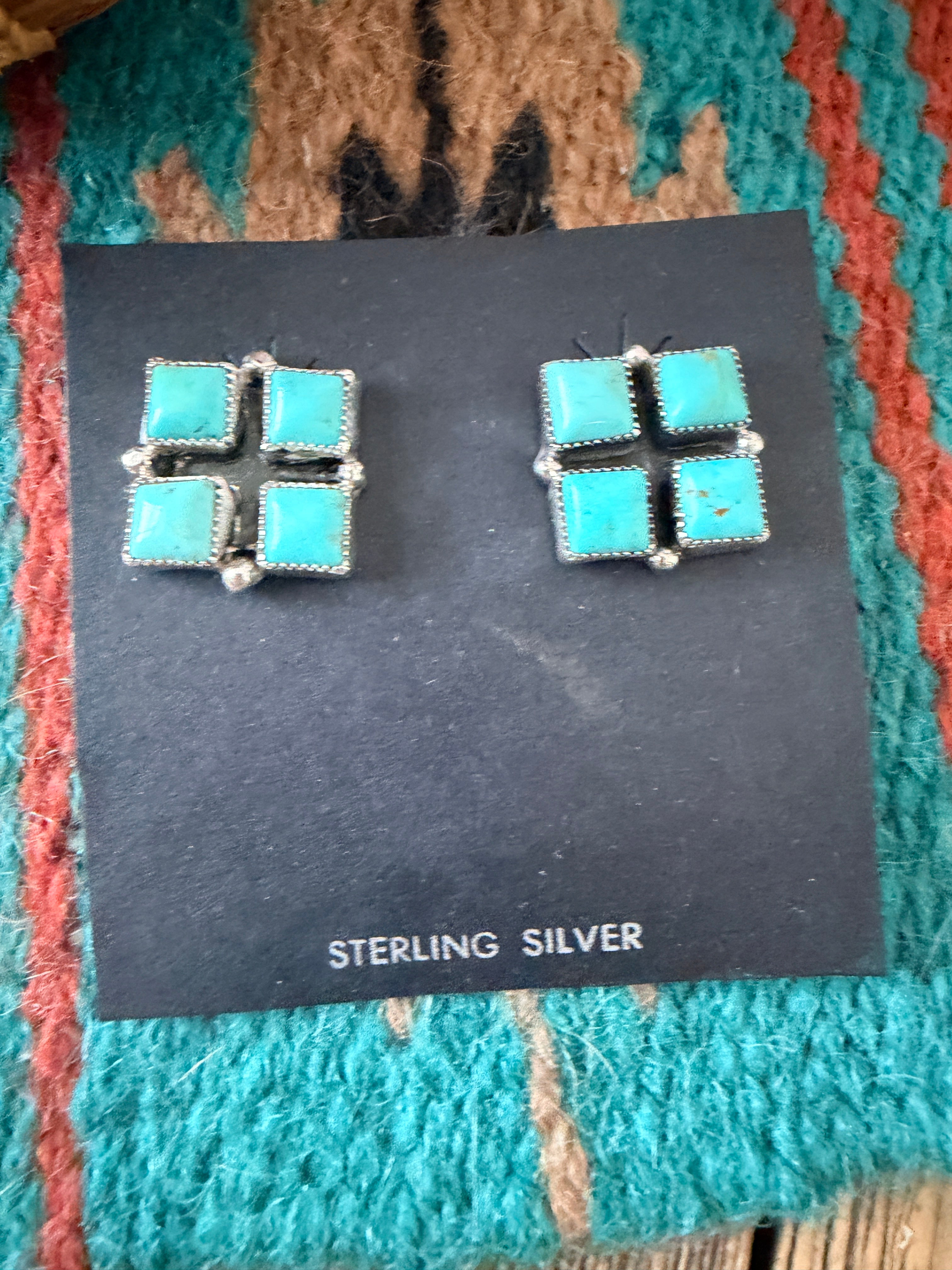 Handcrafted Turquoise & Sterling Silver Cluster Post Earrings