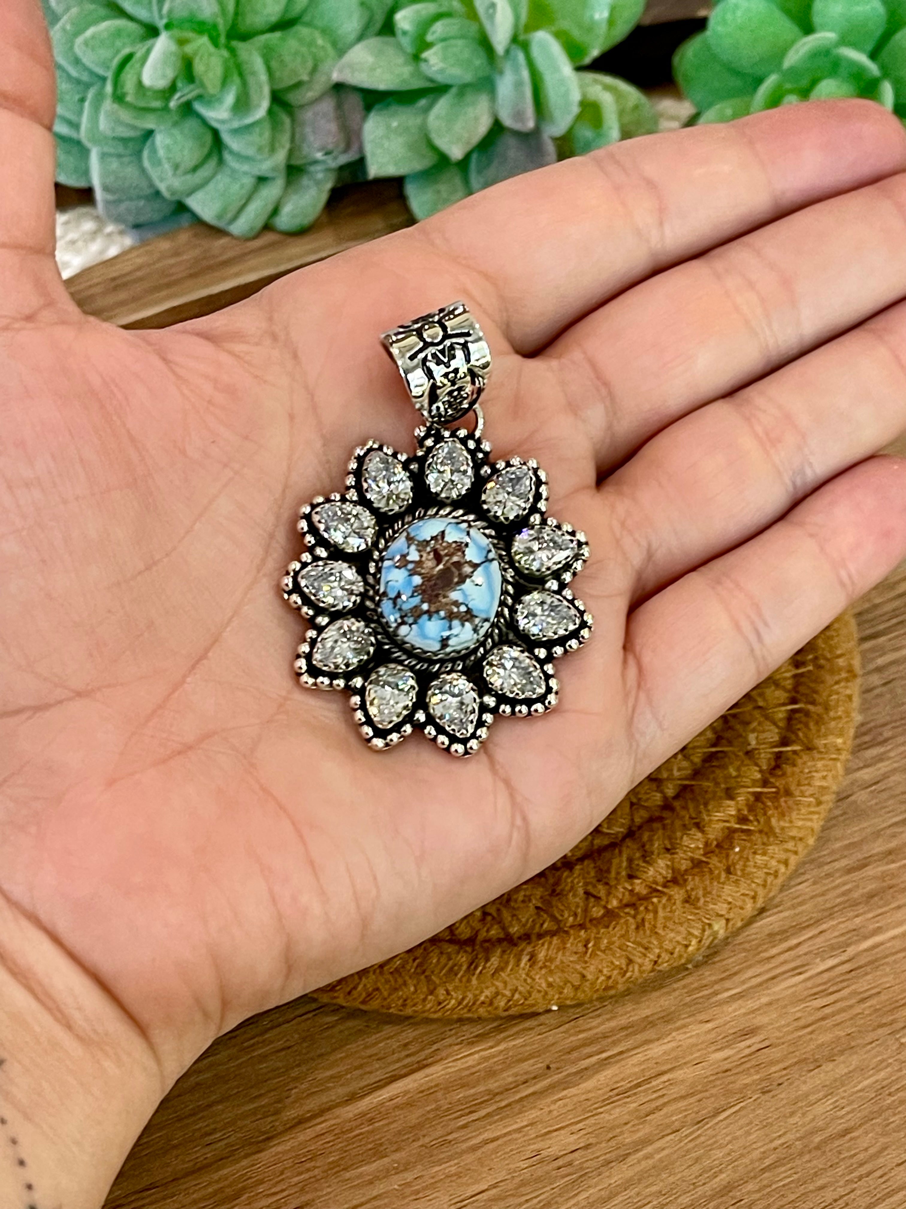 Handmade Golden Hills Turquoise, Sterling Silver & CZ Cluster Pendant Signed Nizhoni