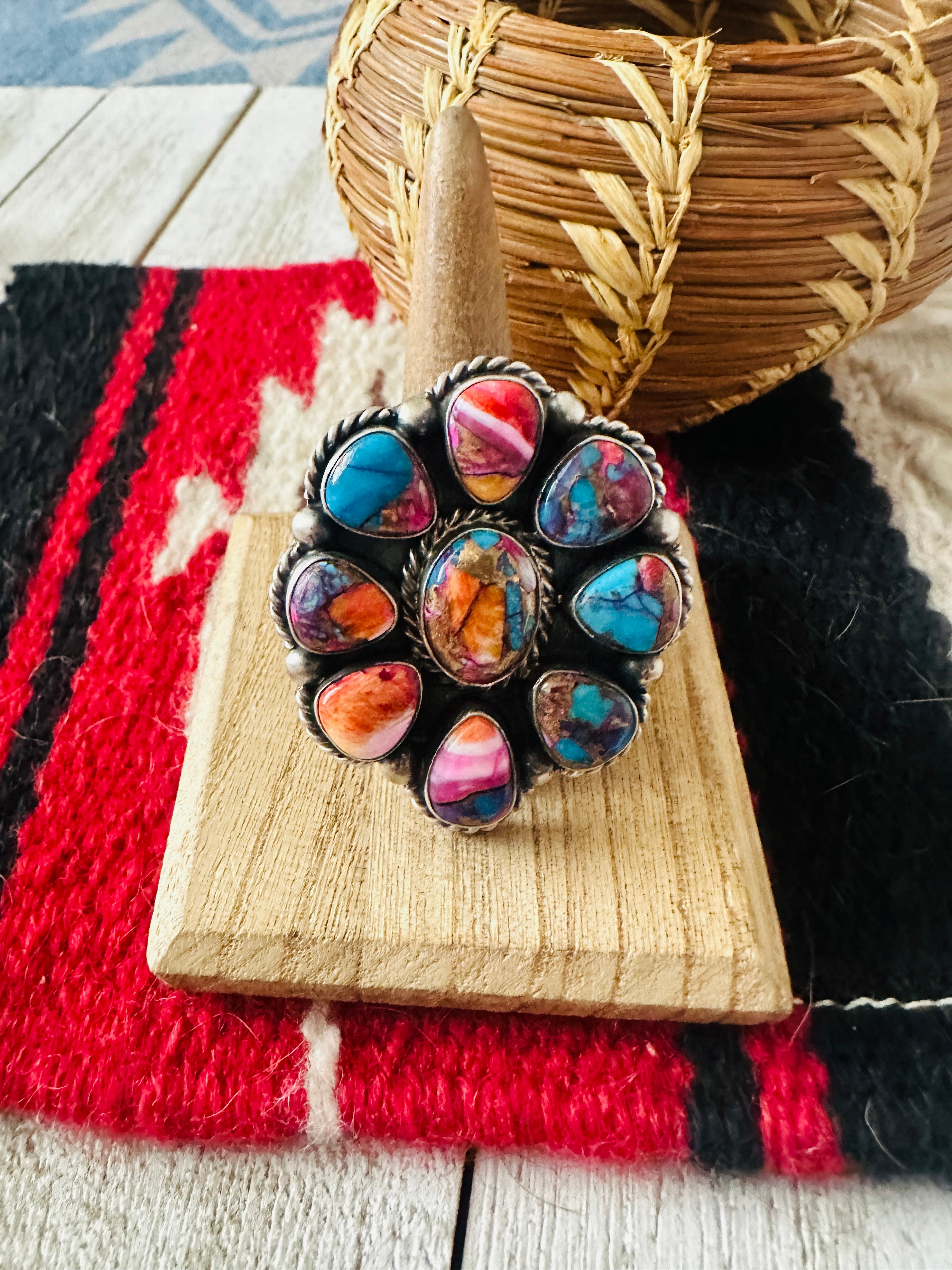 Handcrafted Sterling Silver & Pink Dream Mojave Cluster Adjustable Ring