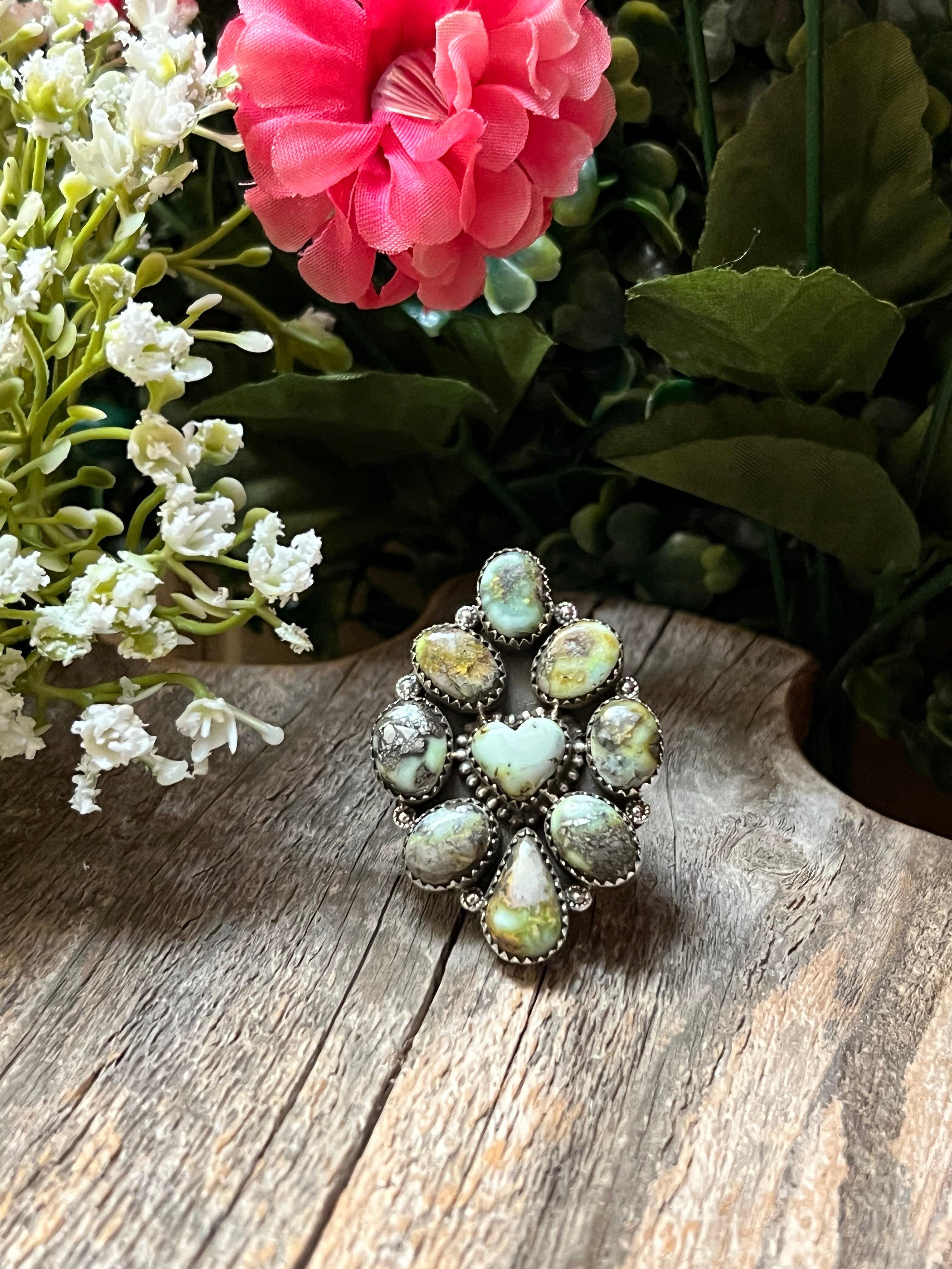 Handmade Palomino Turquoise Cluster Heart Sterling Silver Adjustable Ring