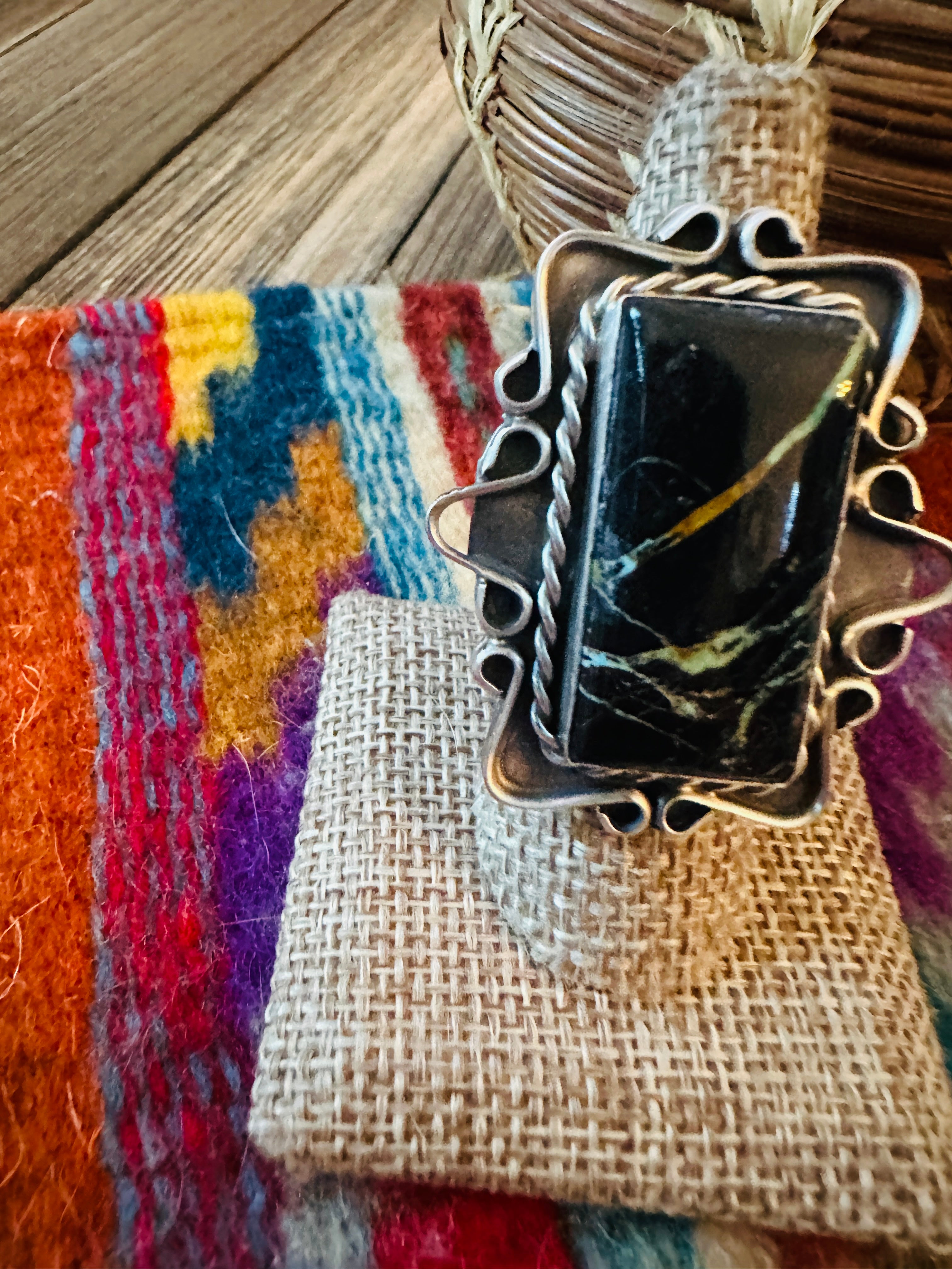 Handcrafted Blackjack Turquoise & Sterling Silver Ring Size 7.25