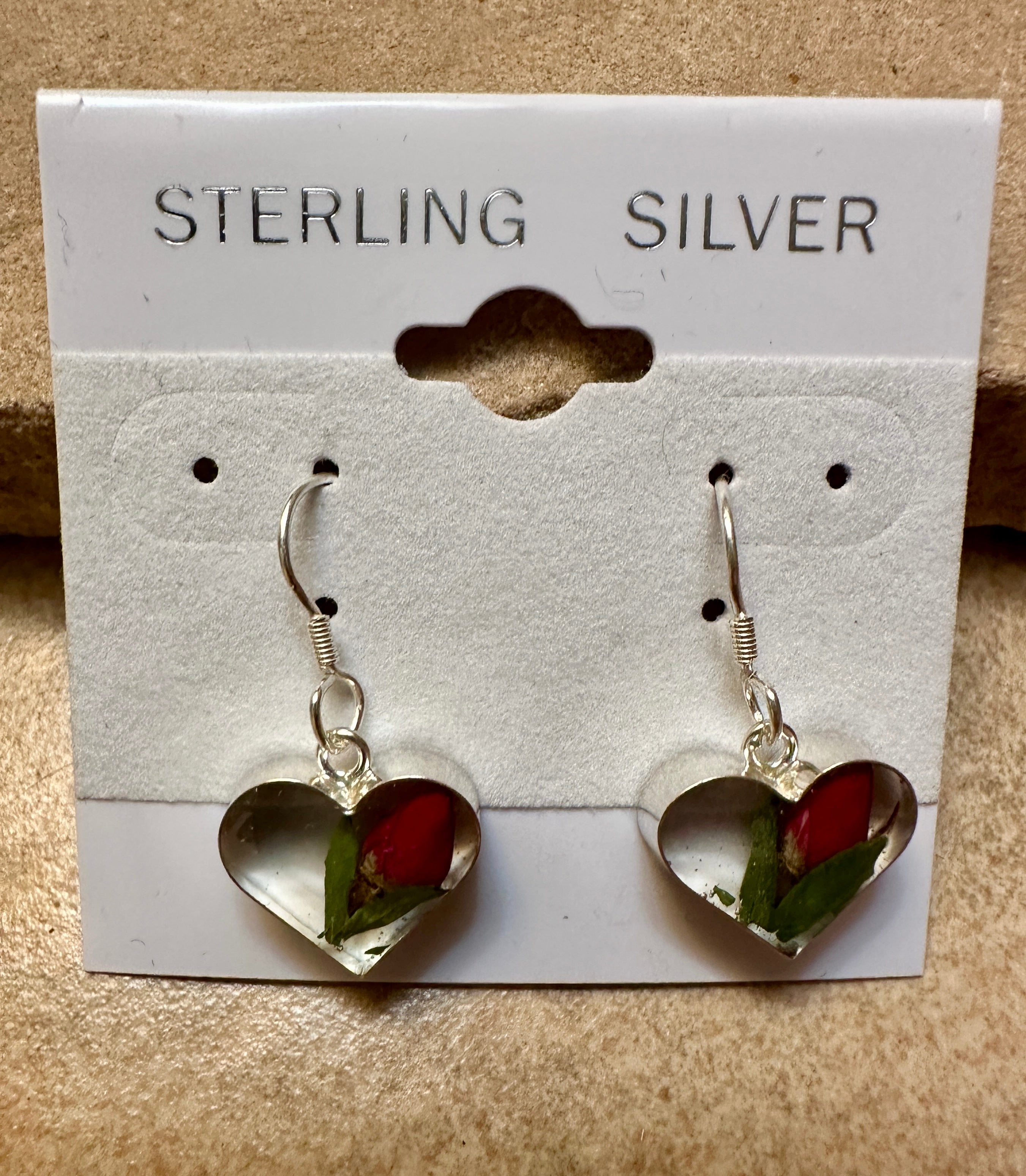 Primavera Rosebud Sterling Silver Earrings Heart on Hook
