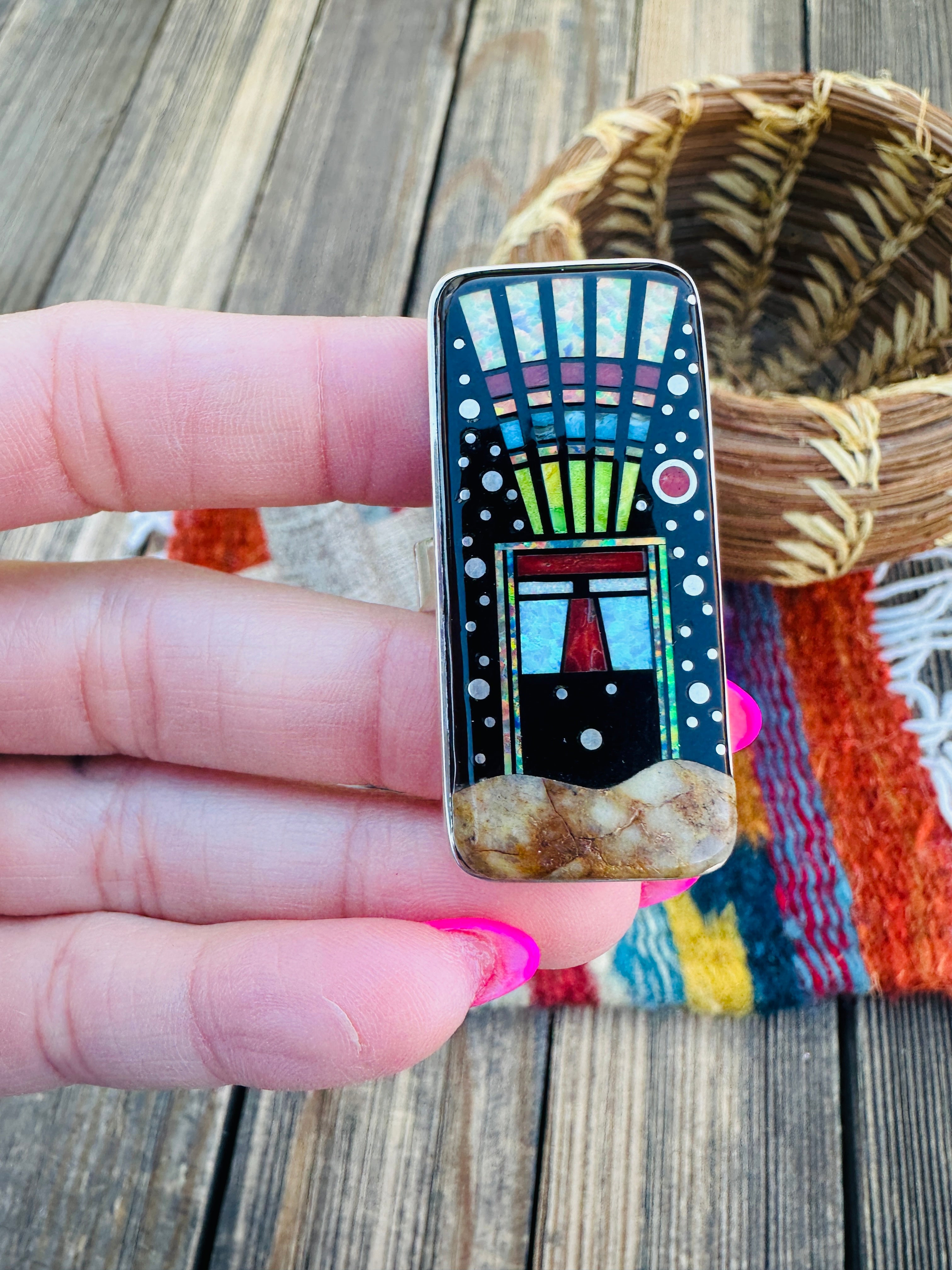 Handcrafted Multi Stone & Sterling Silver Inlay Adjustable Ring by Matthew Jack