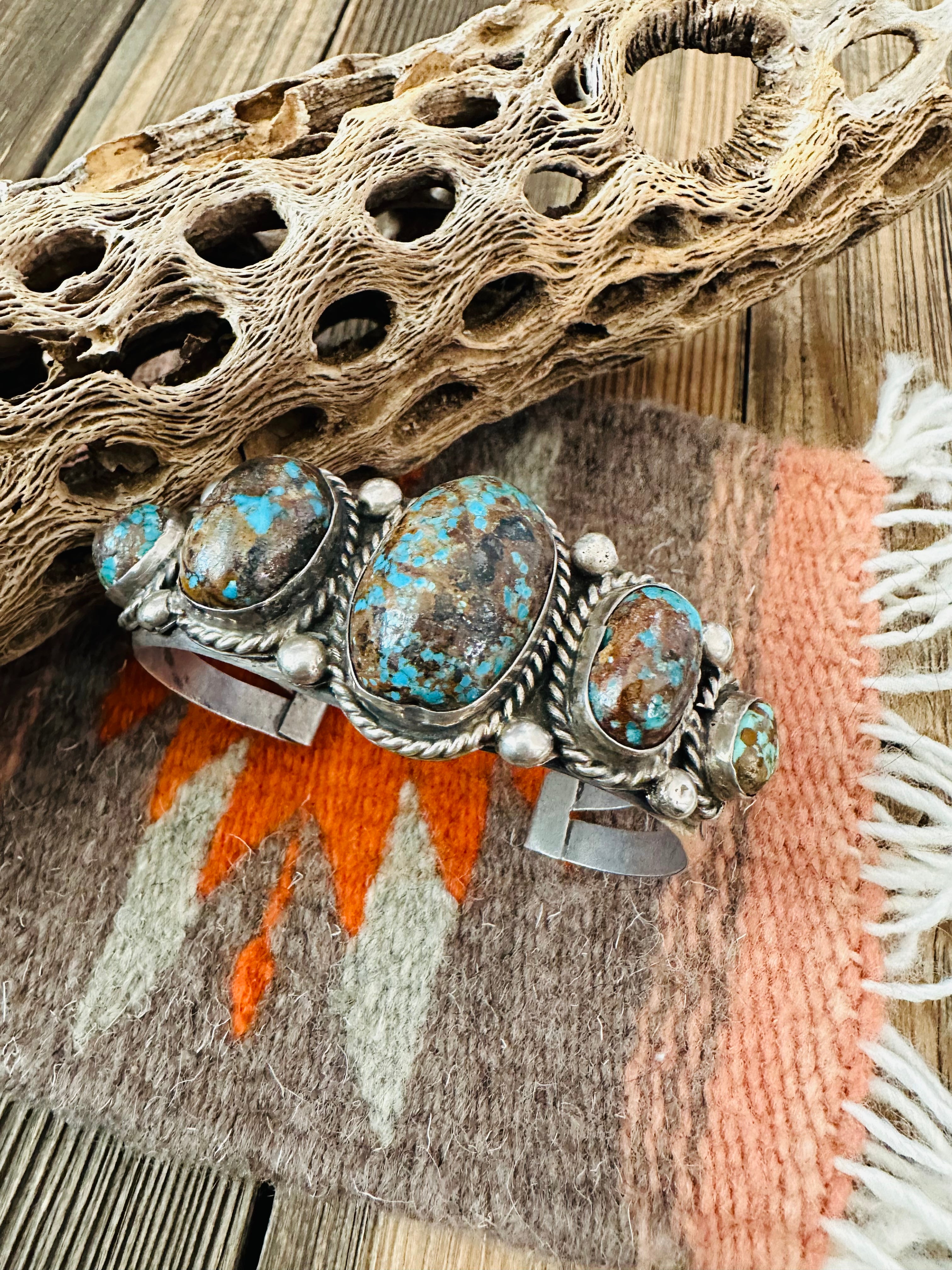 Navajo Old Pawn Morenci Turquoise & Sterling Silver Cuff Bracelet /