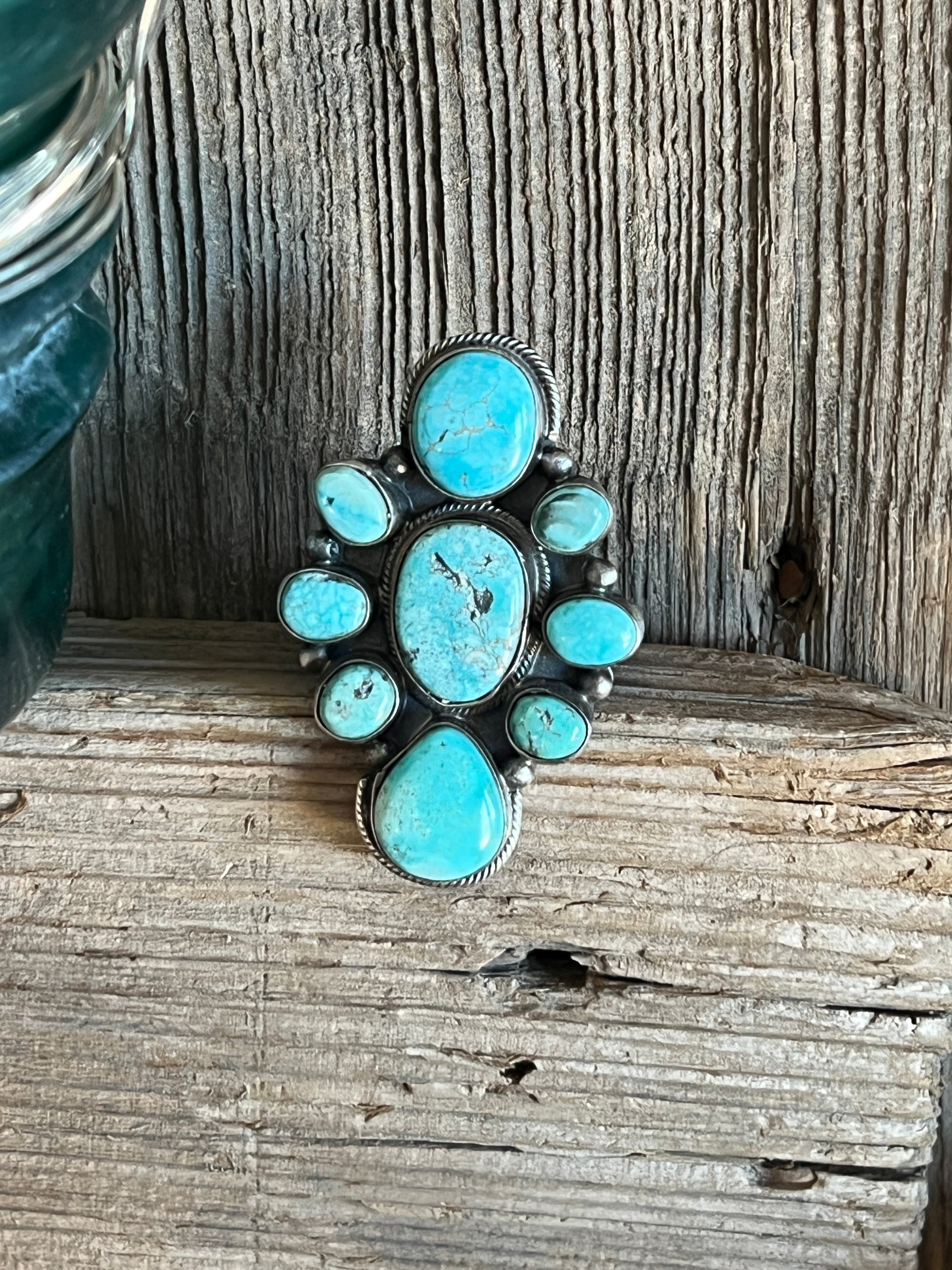 Handcrafted Sterling Silver and Natural Campitos Turquoise Cluster Ring by Sheila Becenti, Size 8.75