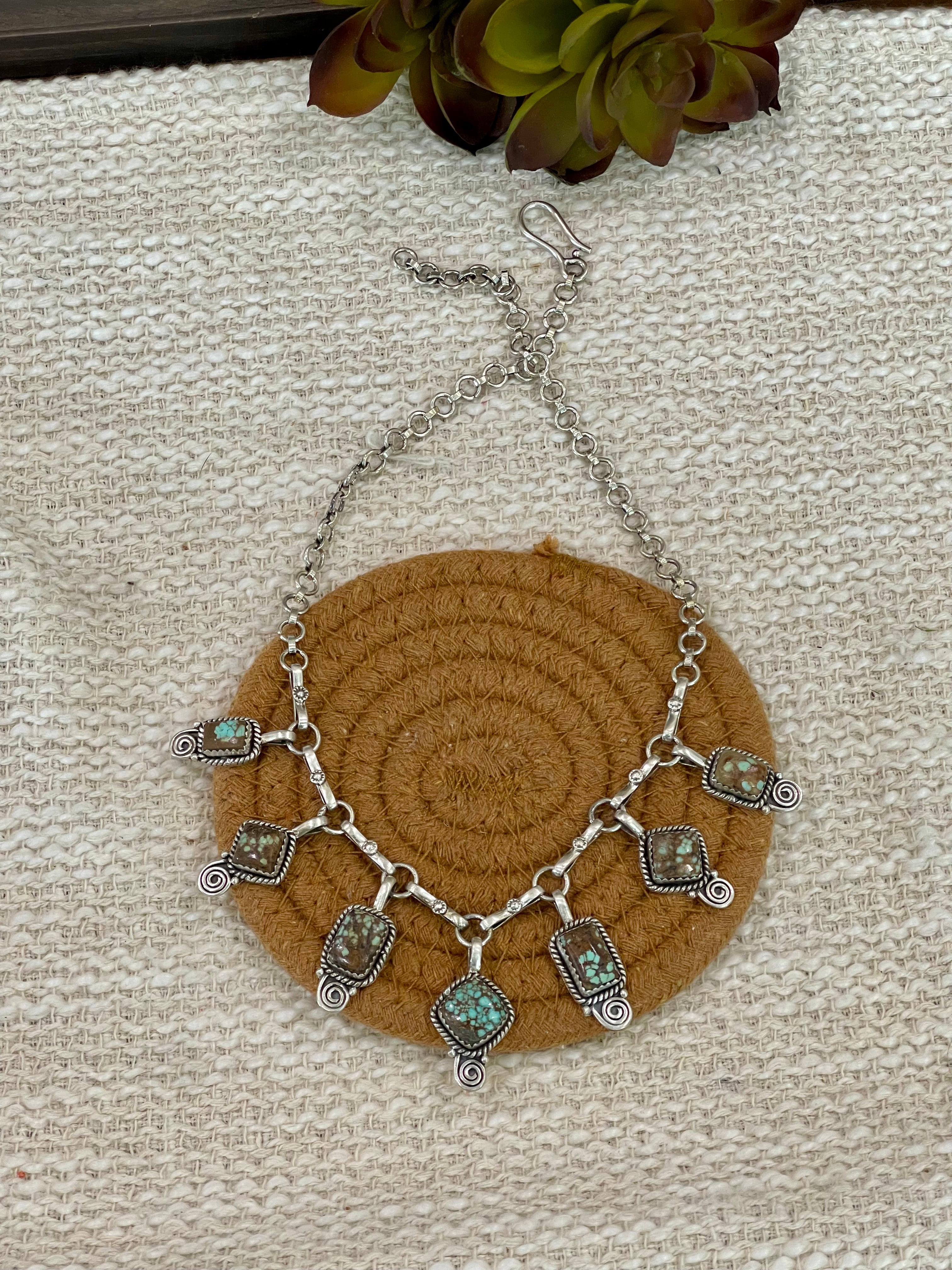 Handmade Sterling Silver Number 8 Turquoise Necklace with Signed Nizhoni