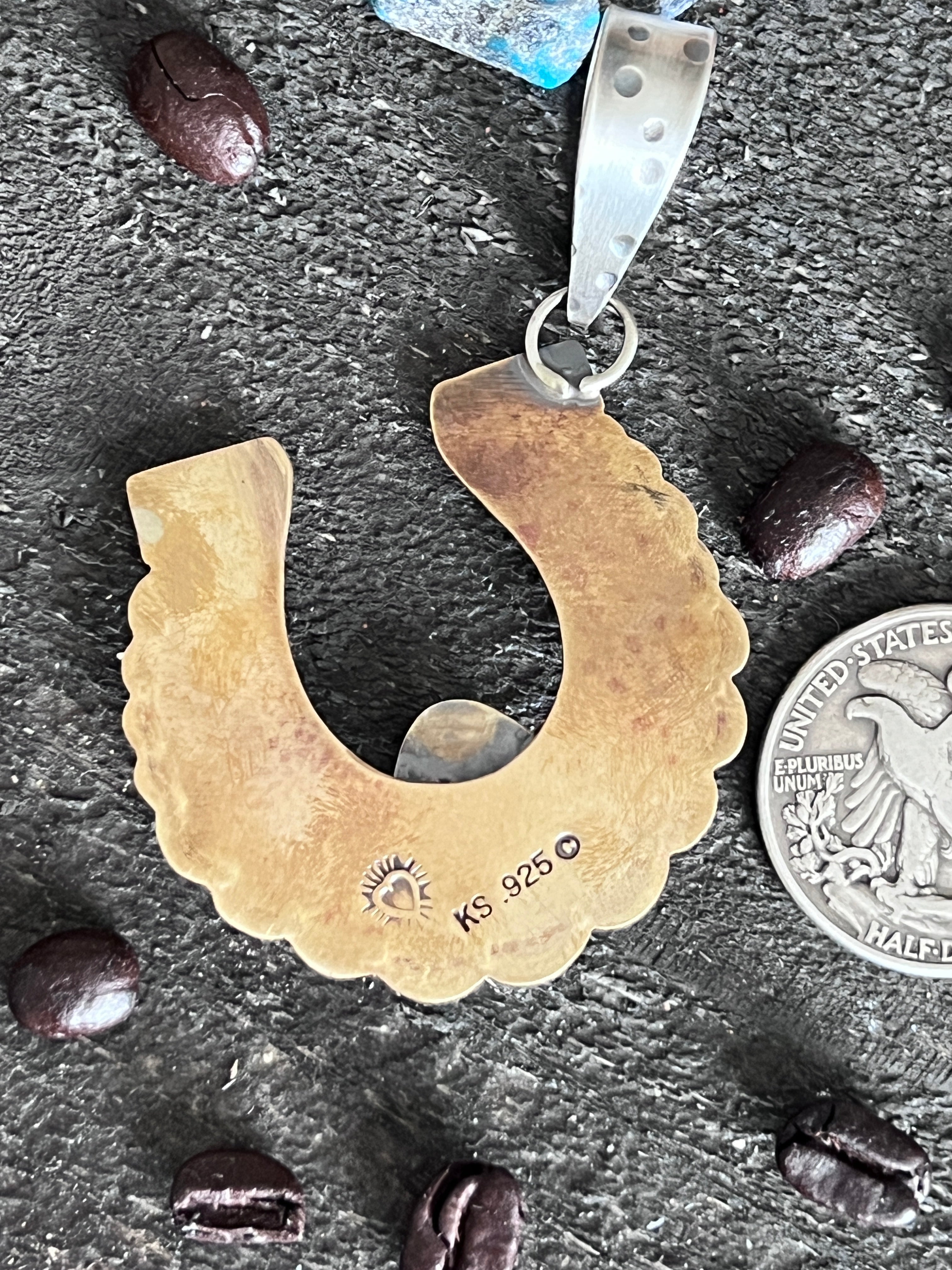 Kimari Somers Hand Stamped Sterling Silver Heart Motif Horseshoe Pendant with Brass & Royston Turquoise