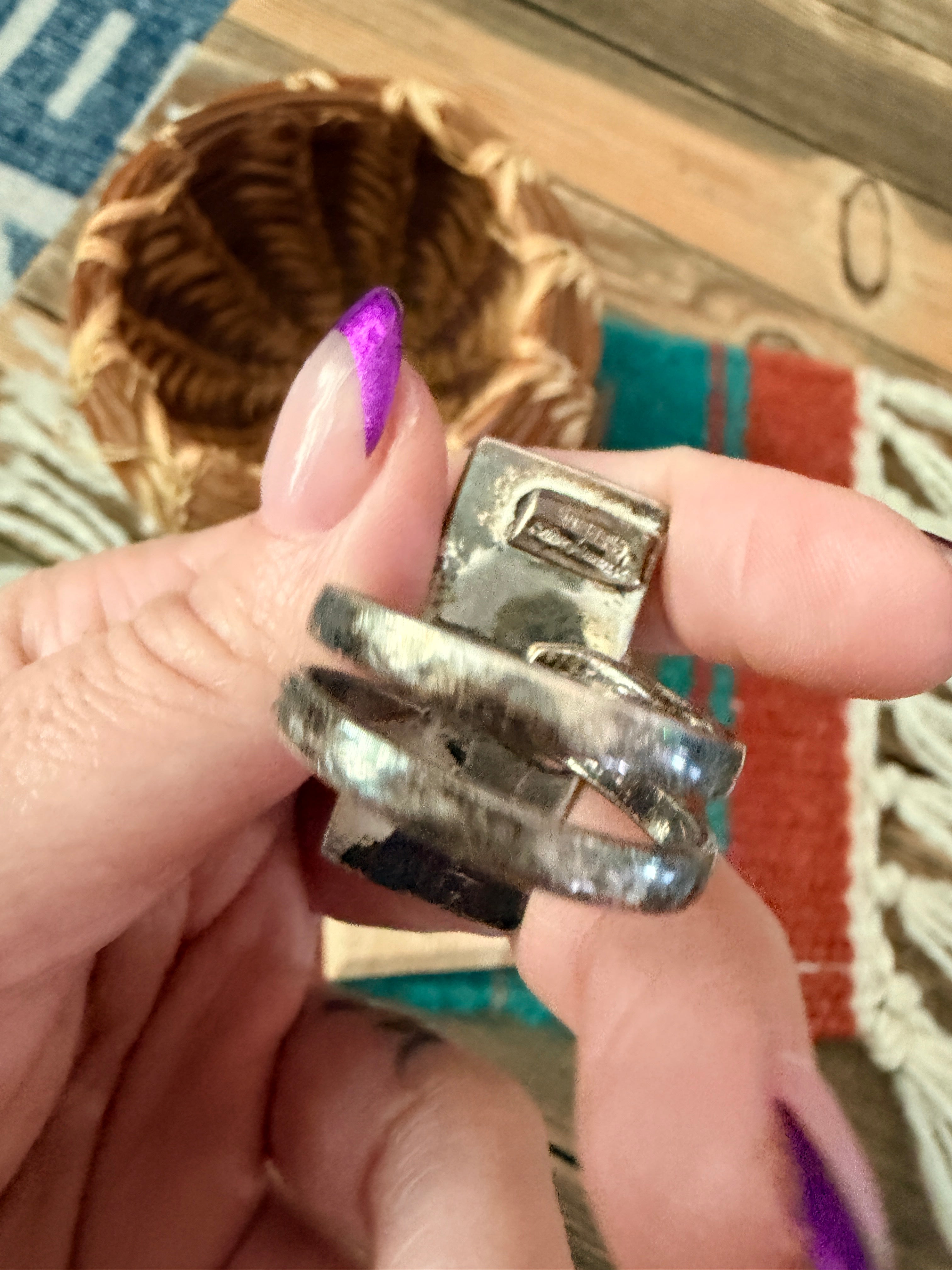 Old Pawn Handcrafted Turquoise & Sterling Silver Adjustable Ring