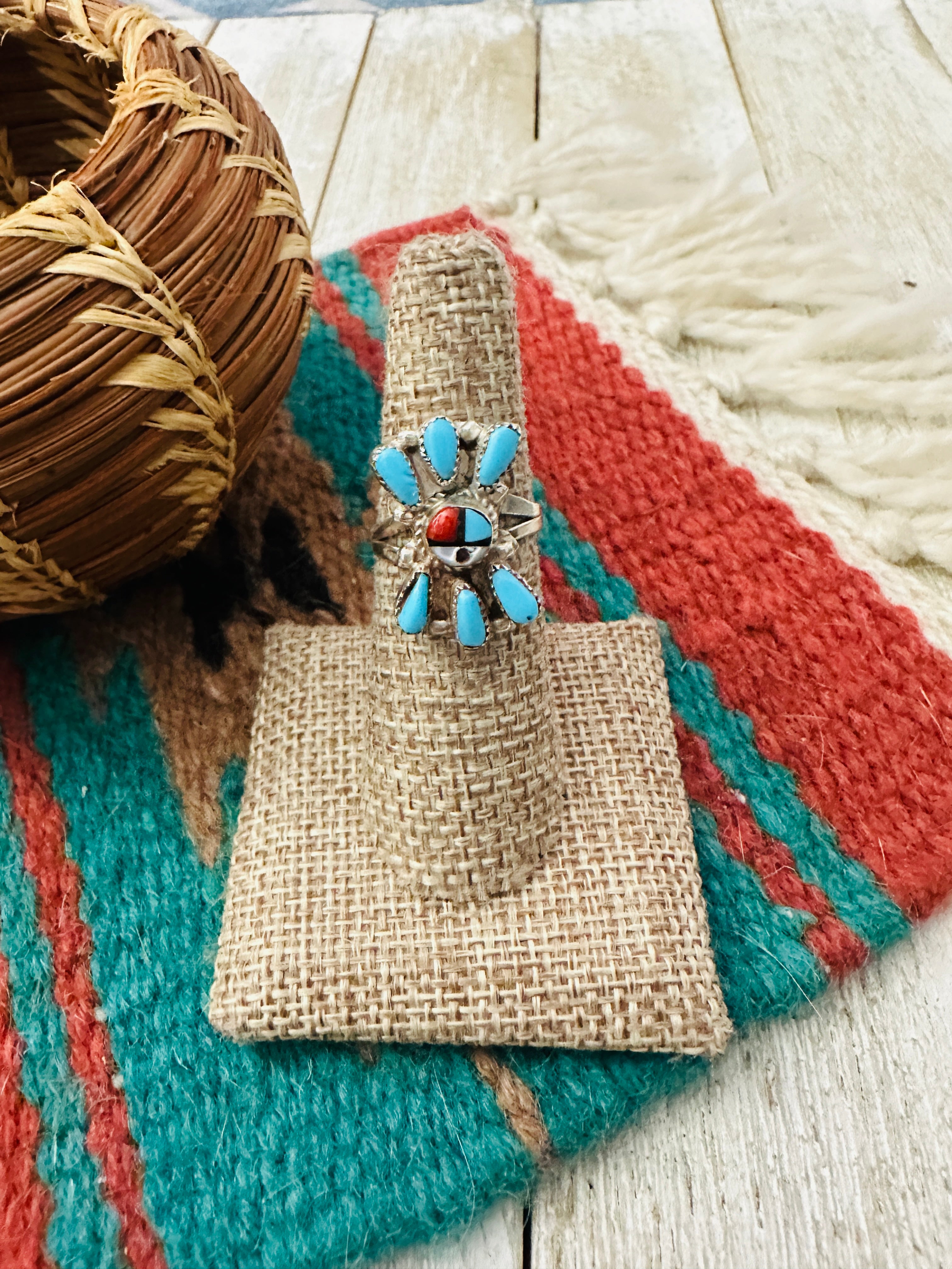 Handcrafted Multi Stone & Sterling Silver Inlay Sun Face Ring Size 6.5