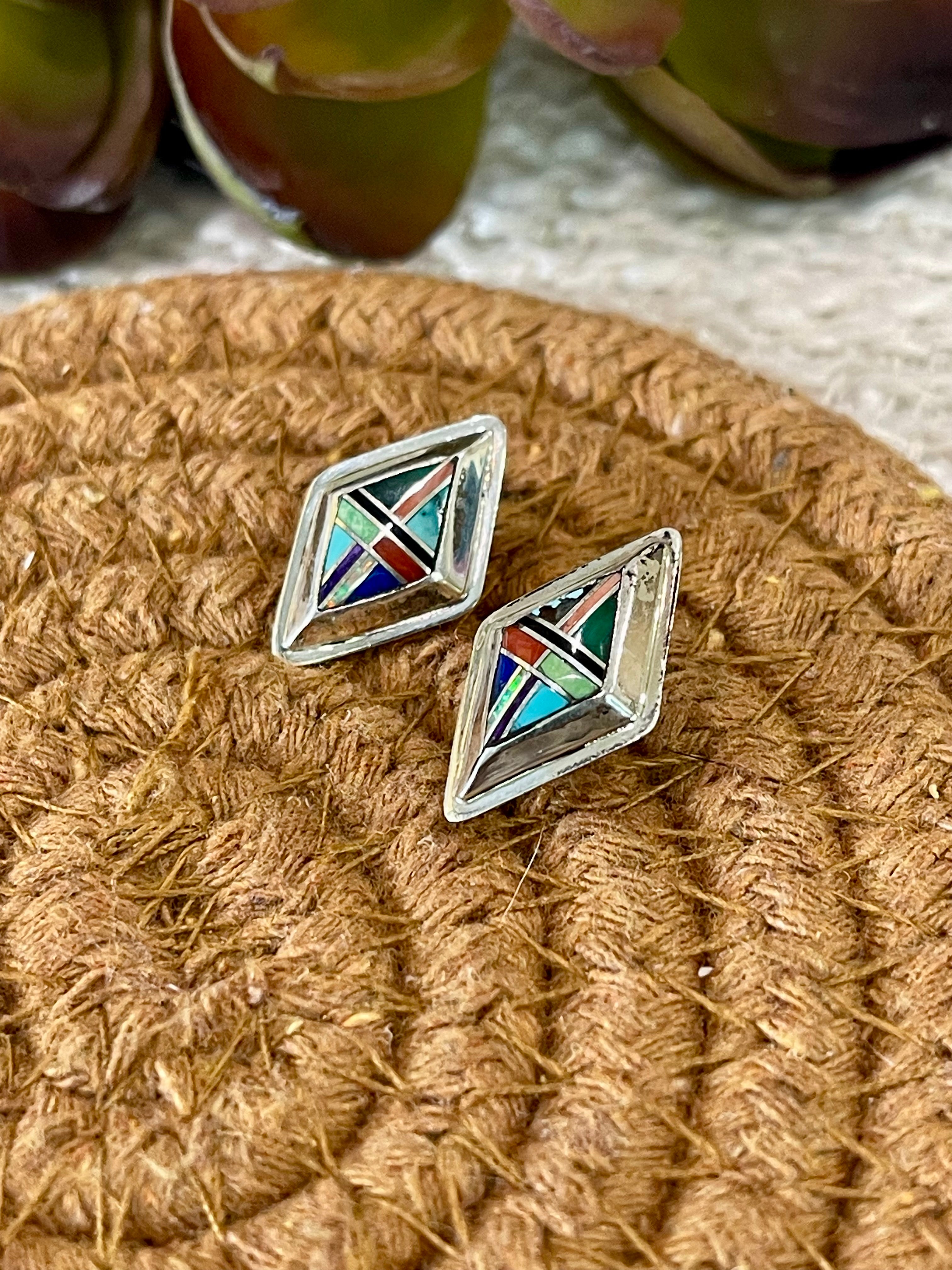 Beautiful Handmade Sterling Silver & Multi Stone Inlay Post Earrings