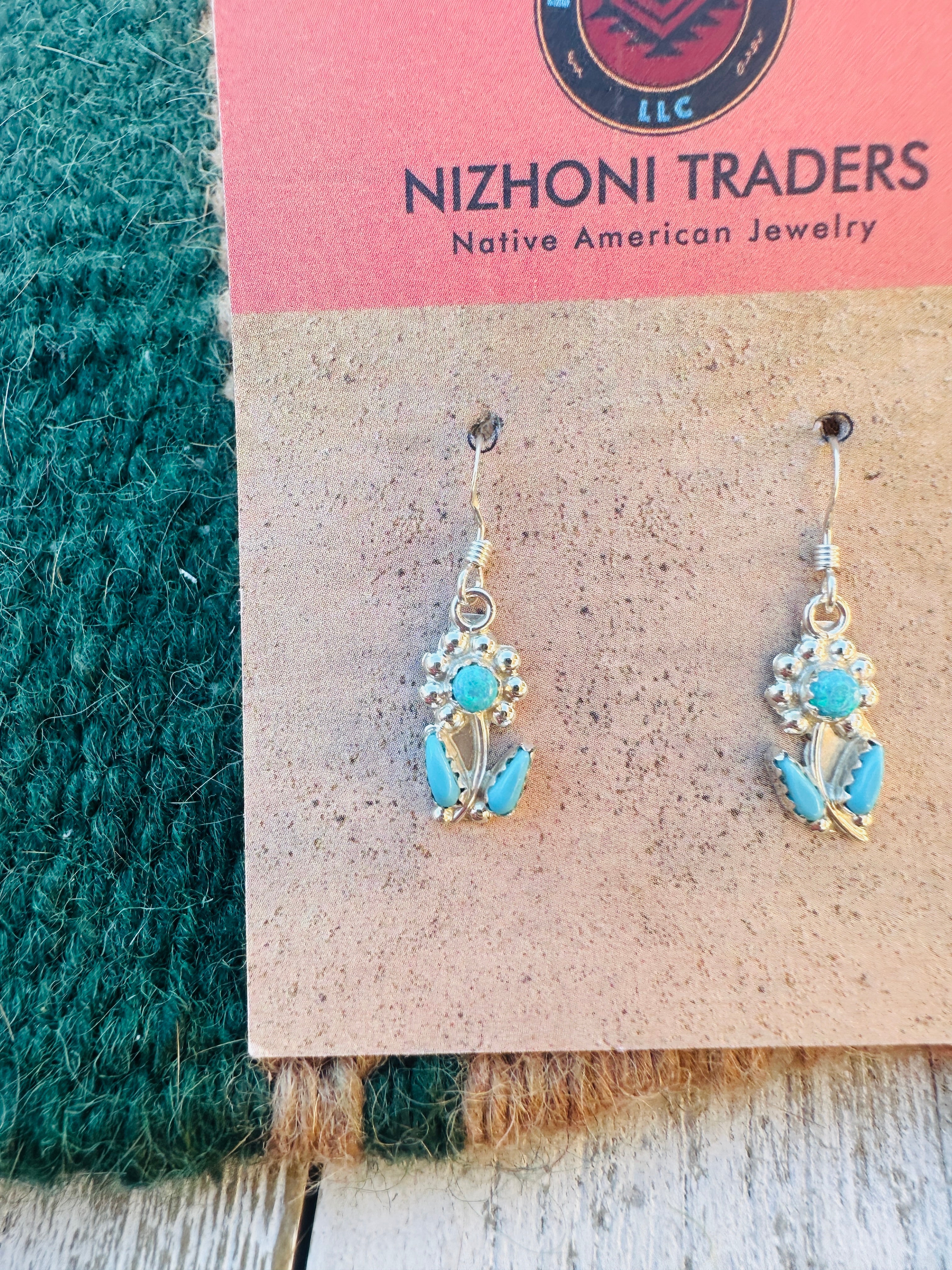 Handcrafted Turquoise, Light Blue Opal & Sterling Silver Flower Dangle Earrings