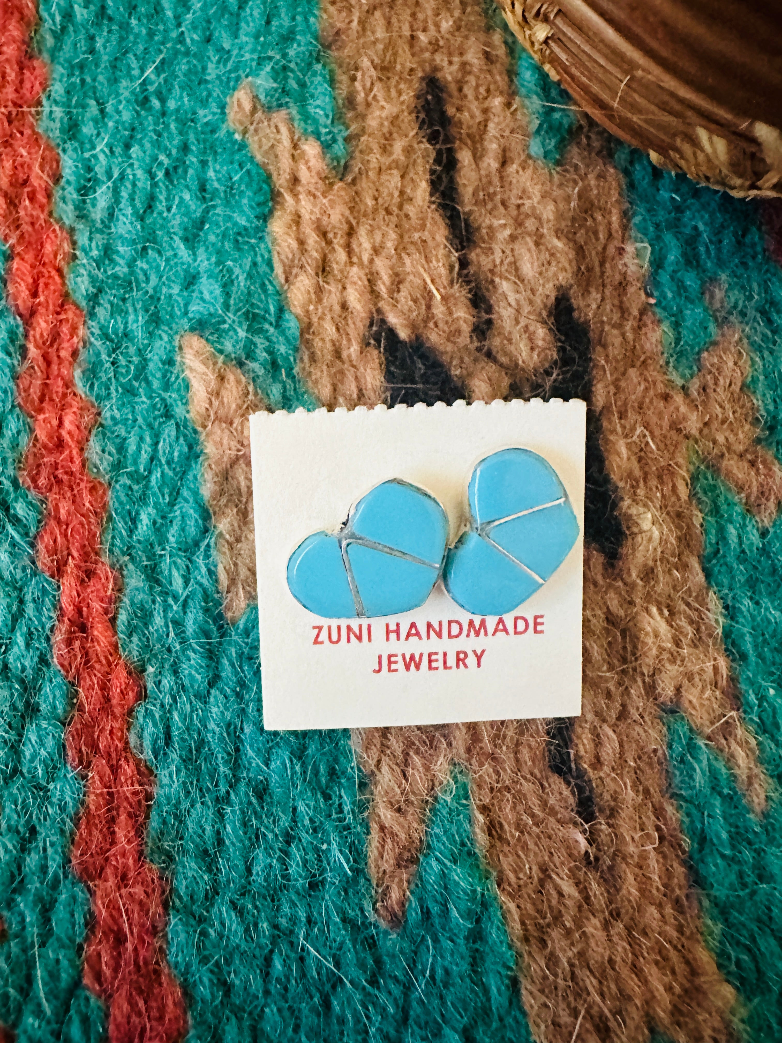 Handcrafted Sterling Silver & Turquoise Inlay Stud Heart Earrings