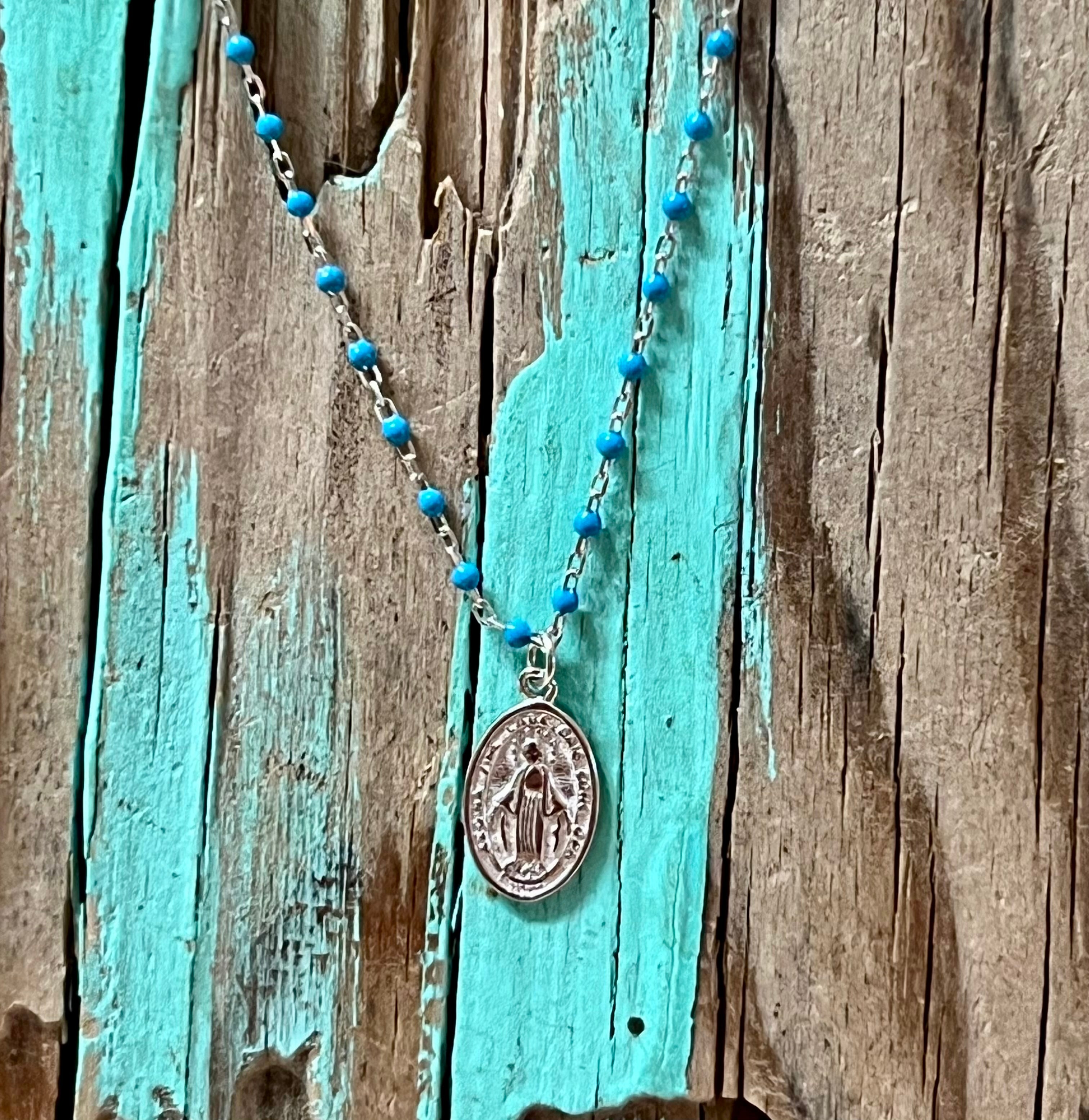 Turquoise Cluster Saint Mary Pendant Sterling Silver Necklace