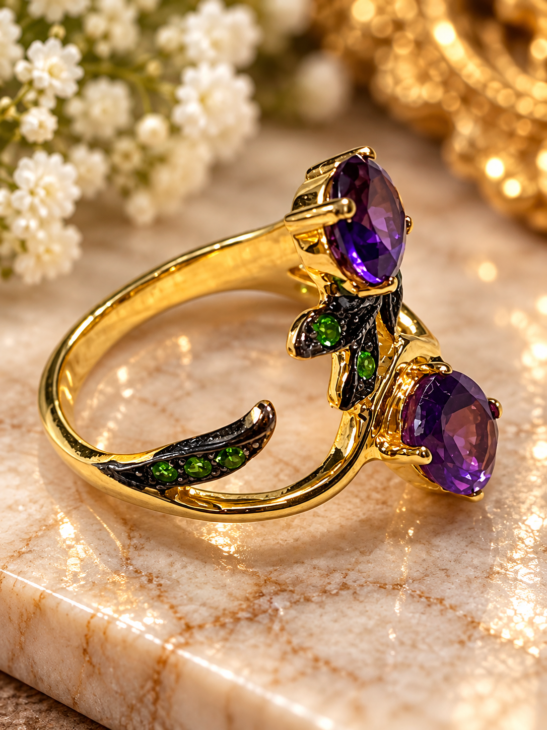 Purple Amethyst & Green Tsavorite 14k Gold Plated Sterling Silver Ring