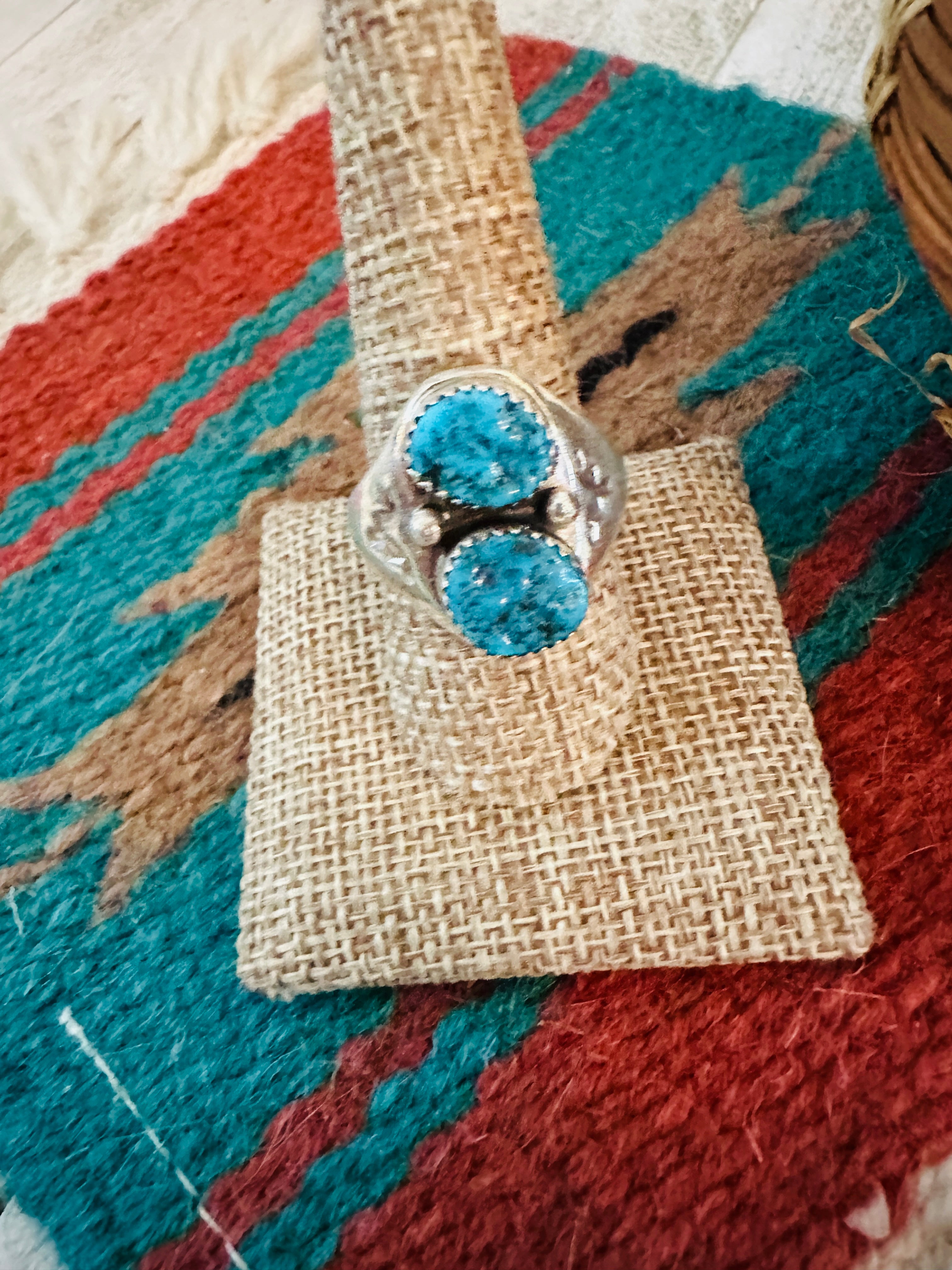 Handcrafted Turquoise & Sterling Silver Cigar Band Ring Size 10