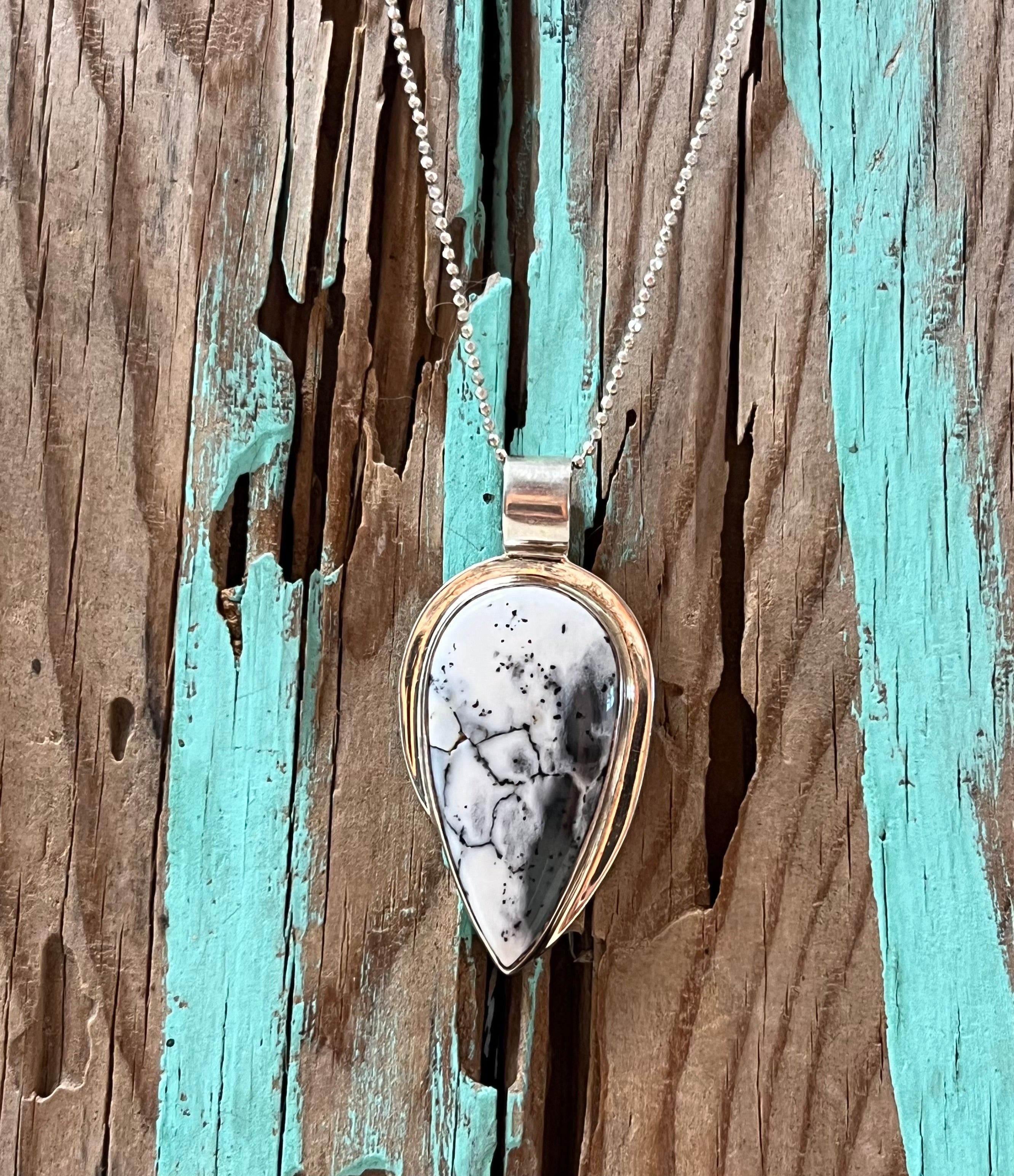 White Dendritic agate Sterling Silver Pendant Necklace