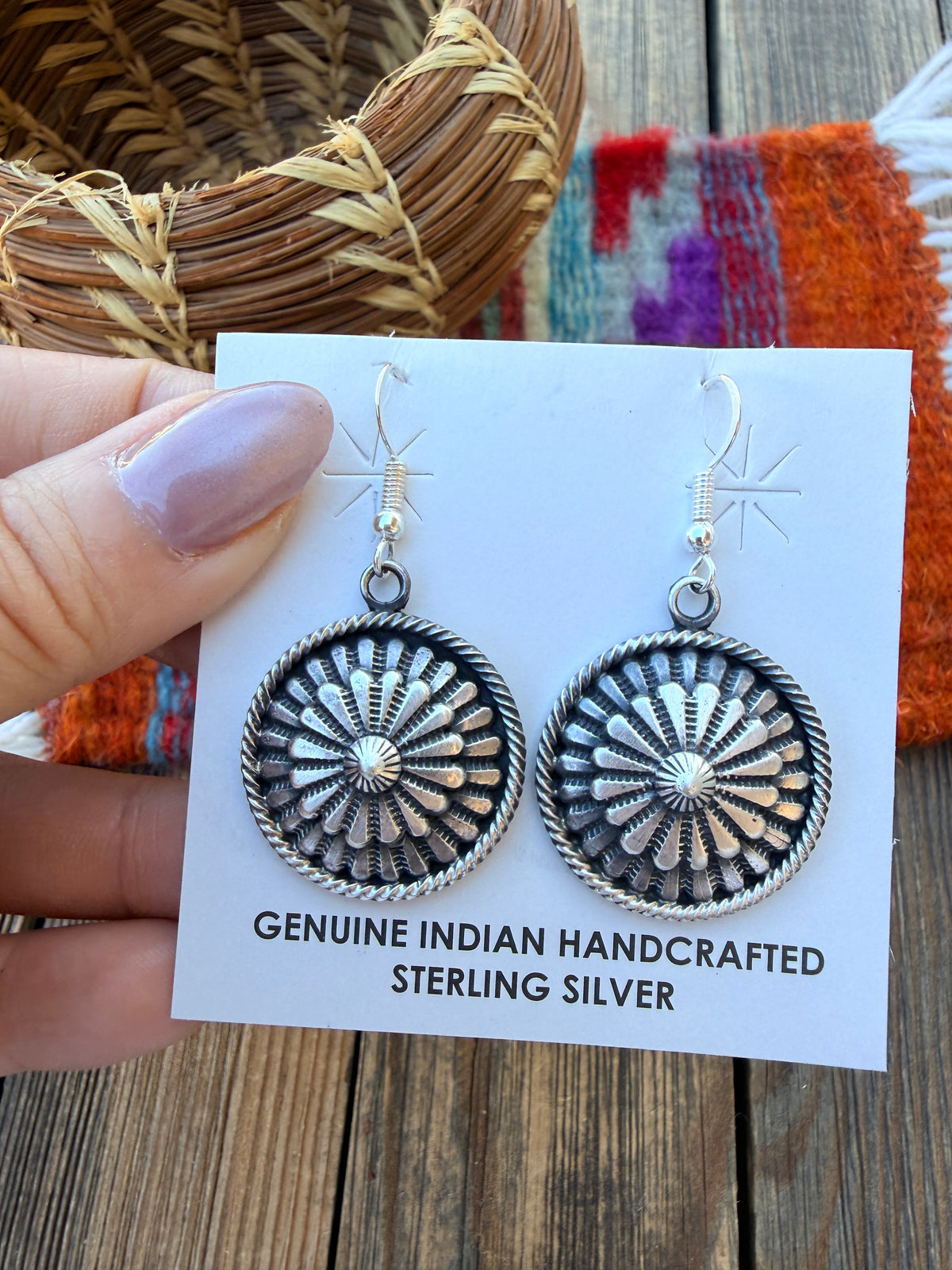 Handcrafted Sterling Silver Concho Dangle Earrings by Tom Lewis
