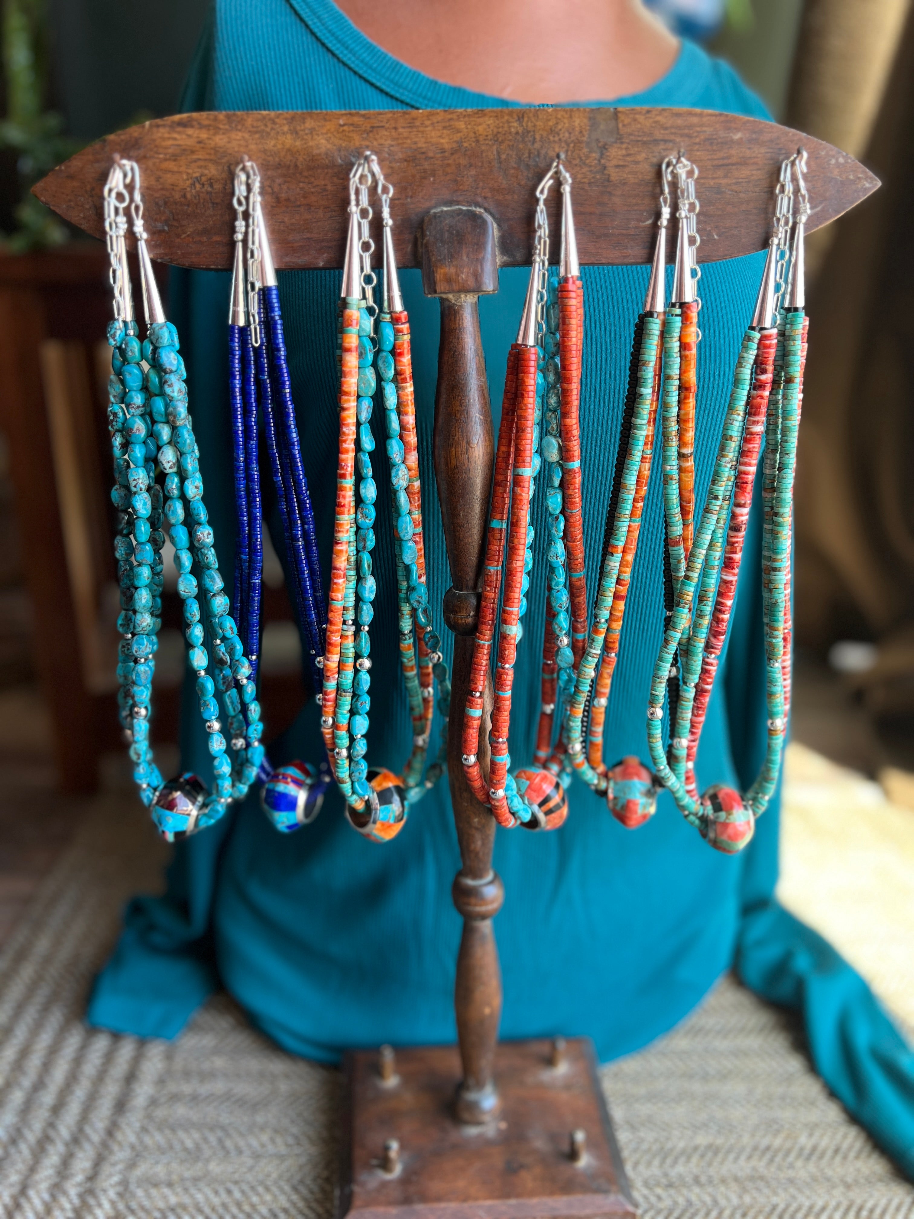 Daniel Coriz Triple Strand Spiny Oyster, Onyx and Turquoise Beaded Necklace w/ Removable Sterling Silver & Stone Inlay Bead