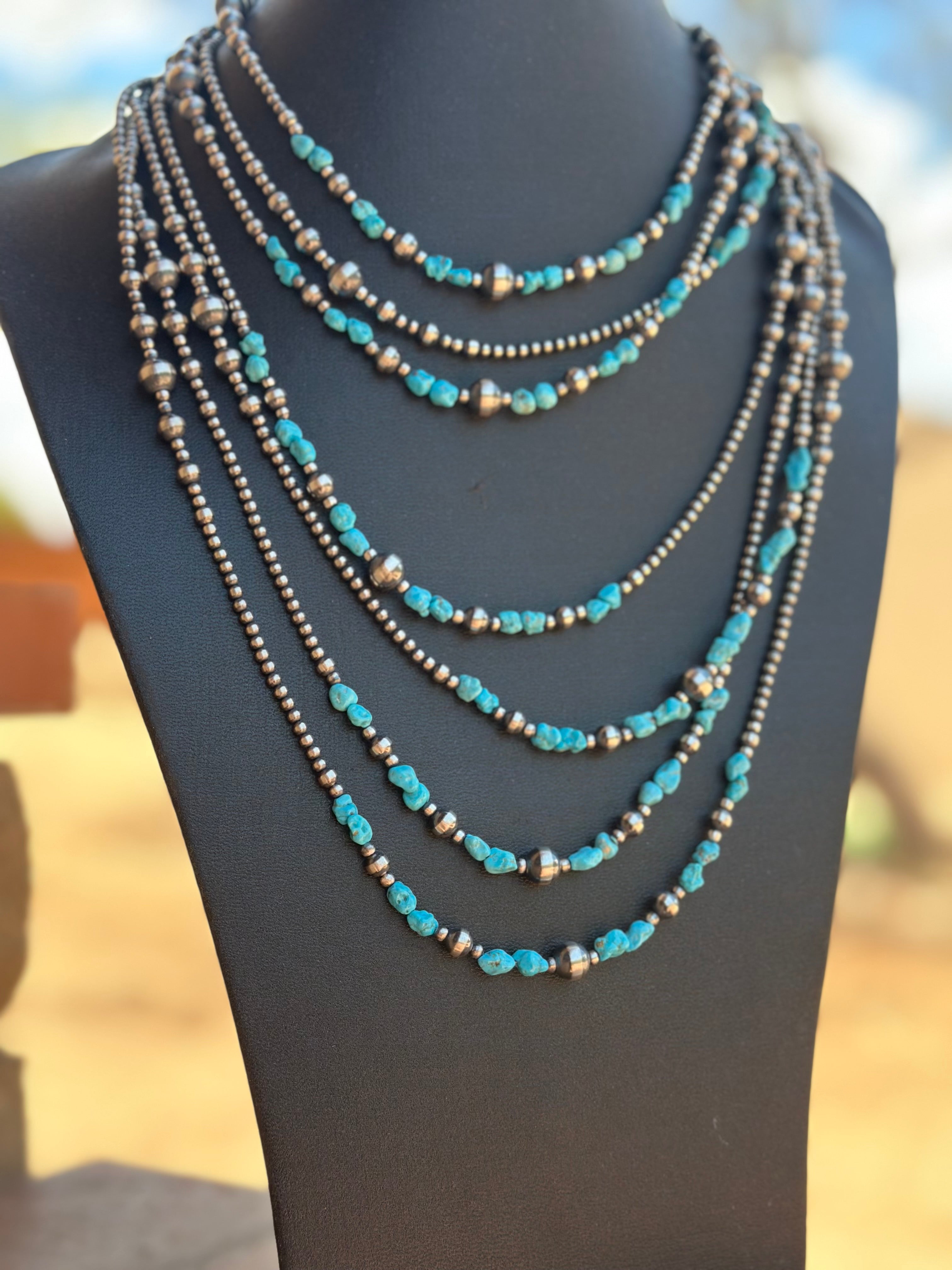 Handcrafted Kingman Dance Turquoise & Sterling Silver 3mm-8mm Beaded Necklace