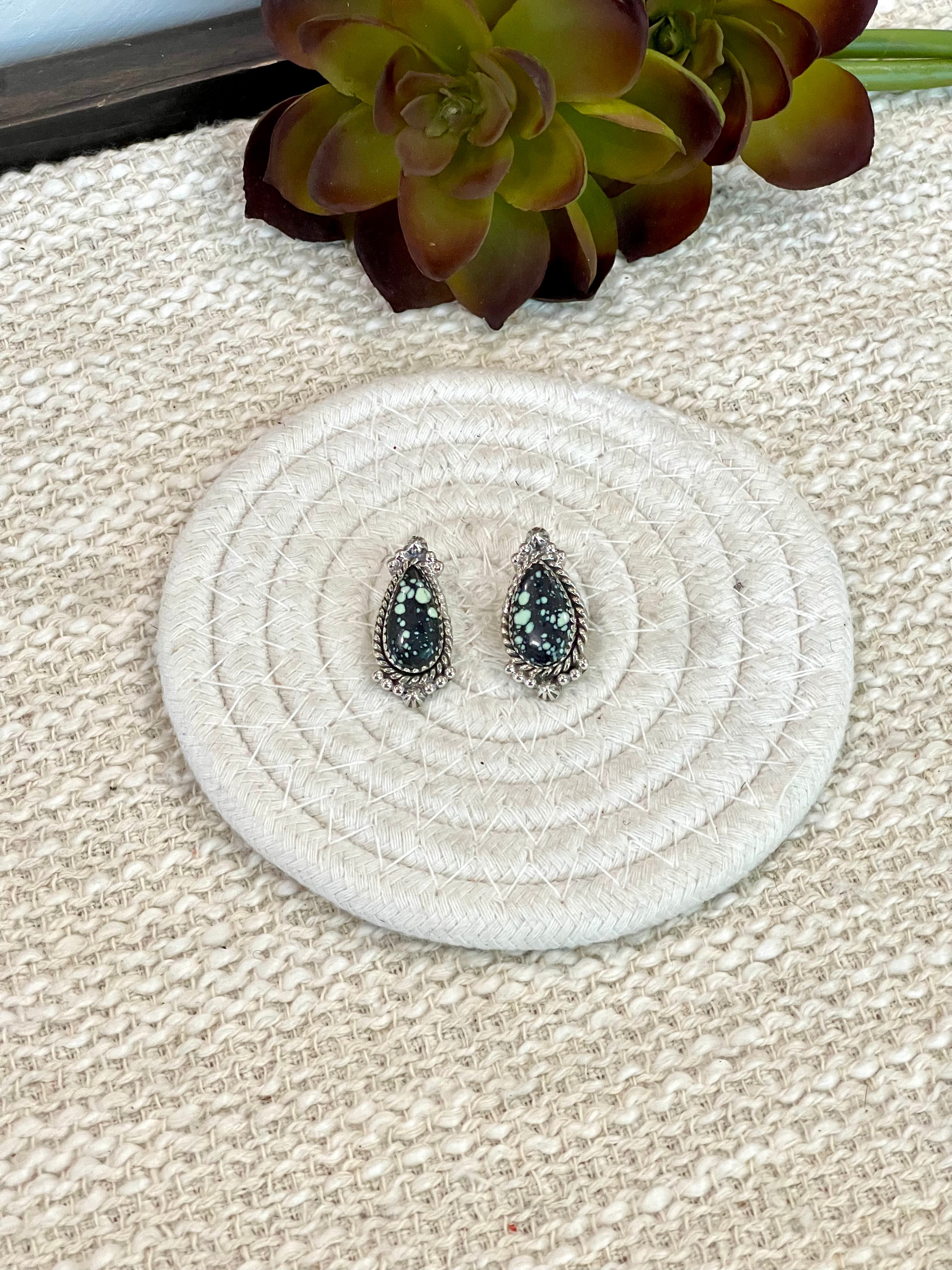 Handmade New Lander Turquoise and Sterling Silver Post Earring