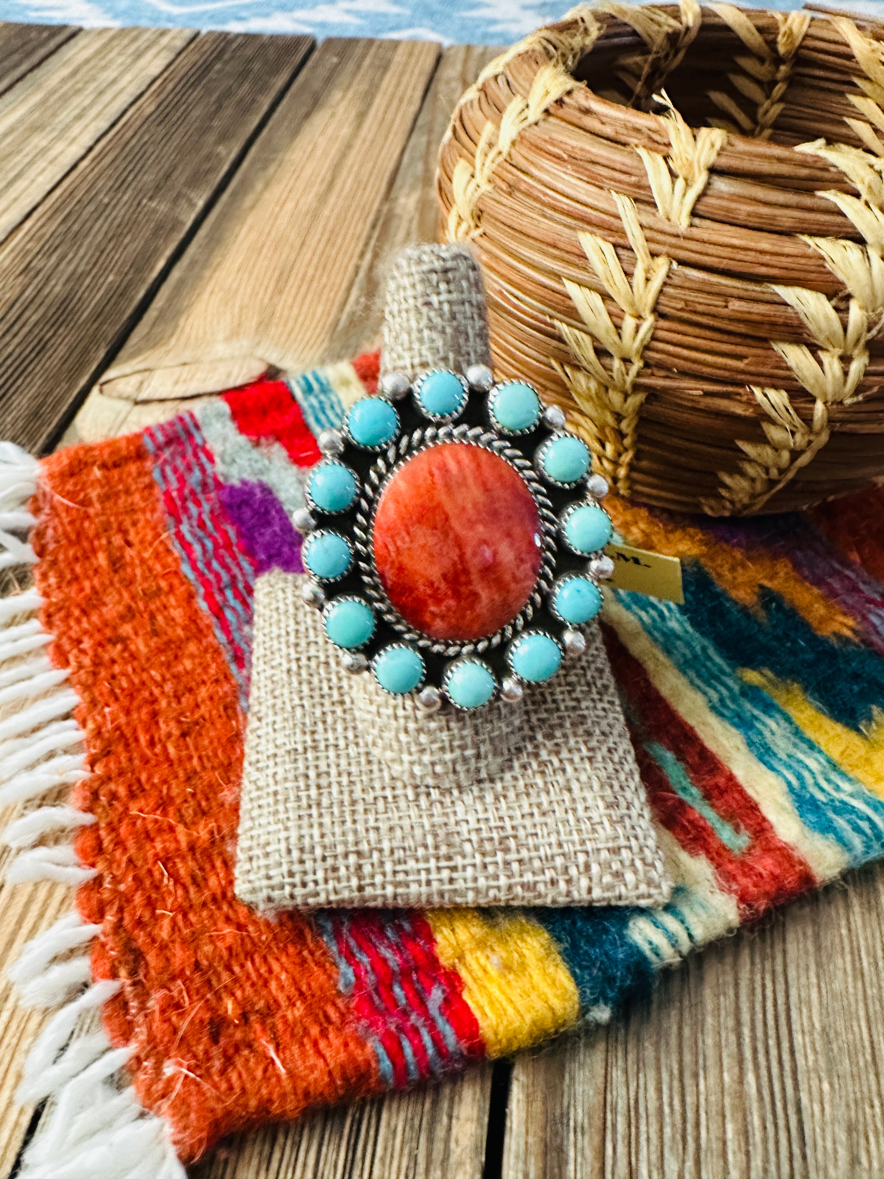 Old Pawn Handcrafted Spiny Oyster, Turquoise & Sterling Silver Ring Size 10