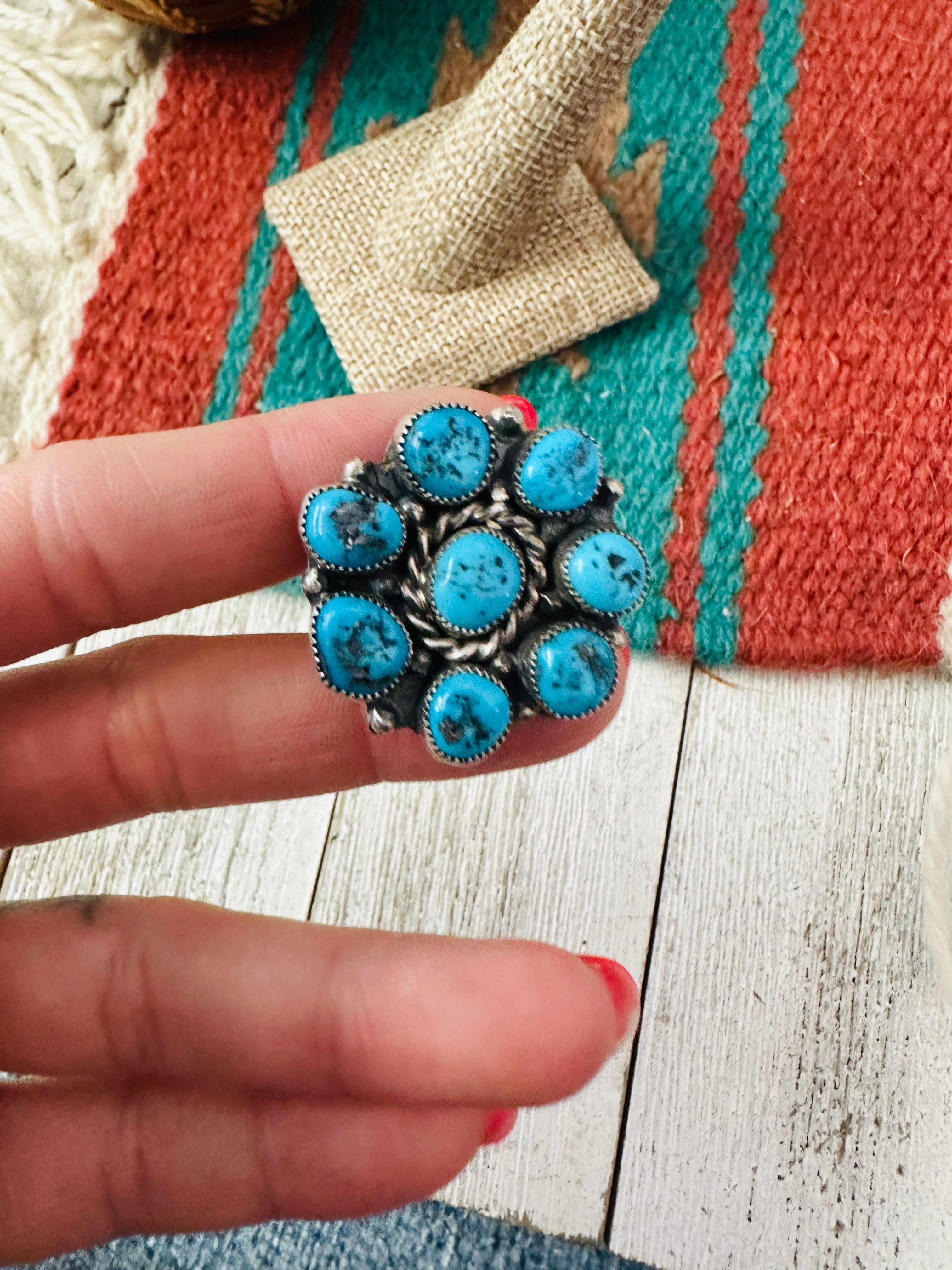 Handcrafted Turquoise & Sterling Silver Cluster Adjustable Ring